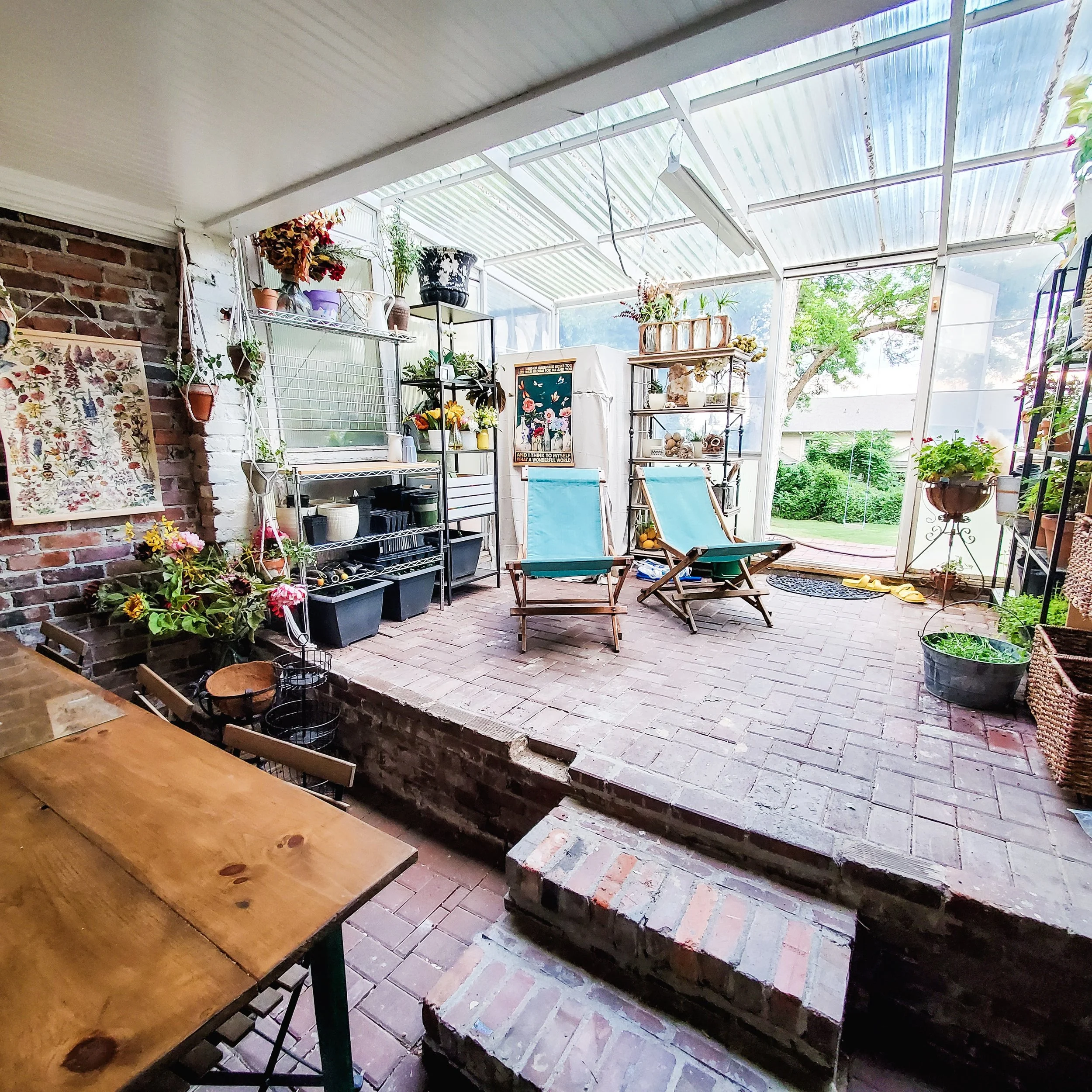 Sunroom with brick flooring and indoor plants on shelves and pots, two blue outdoor chairs, a small table, and a view of a lush green backyard through glass walls and ceiling.