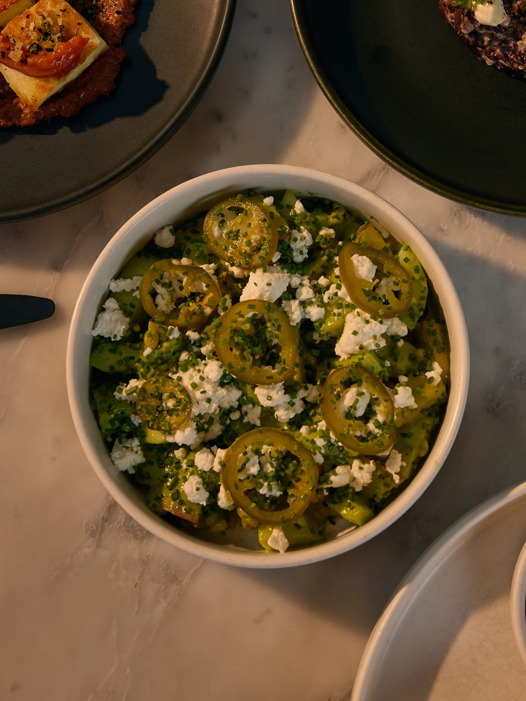 WE ARE OPEN THIS EVE. 

pictured: one of our favorite salads we&rsquo;ve made over the years, and one we can&rsquo;t get enough of. cool, crunchy peeled cucumbers contrast diced sweet peaches, with wheat berries for a bit of texture, briny + spicy pi