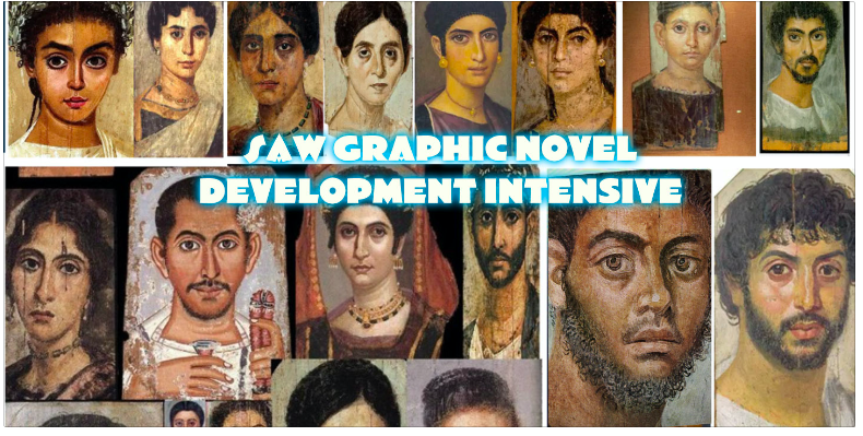 Graphic Novel Intensive Promo Image featuring a dozen faces from Egyptian tombs