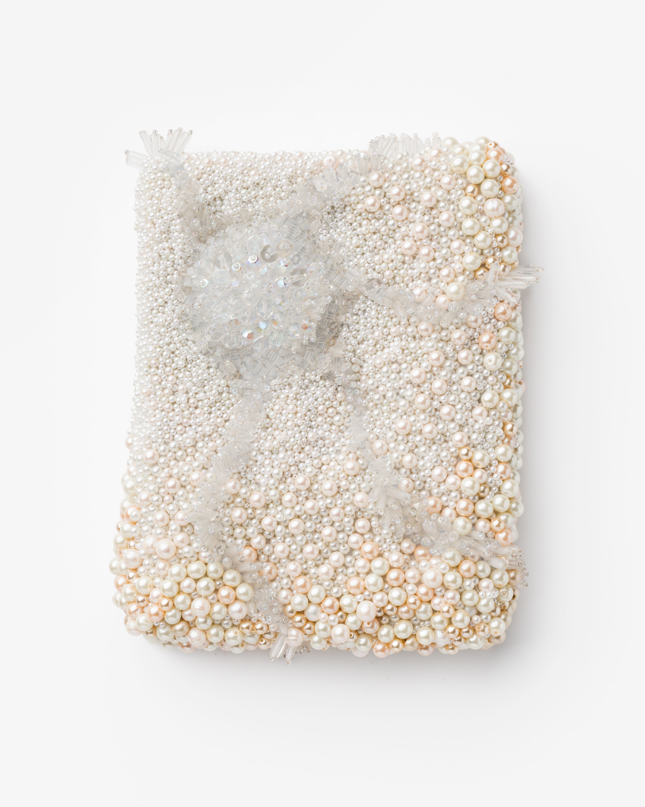   A moment eternal, no. 1 (white, cream, iridescent effervescent, pearls and crystals)    2020-2021   Beading of vintage and antique glass, plastic, pearls, swarovski crystal, quartz, polyester thread, on synthetic fabric over canvas 20cm x 16cm x 3c