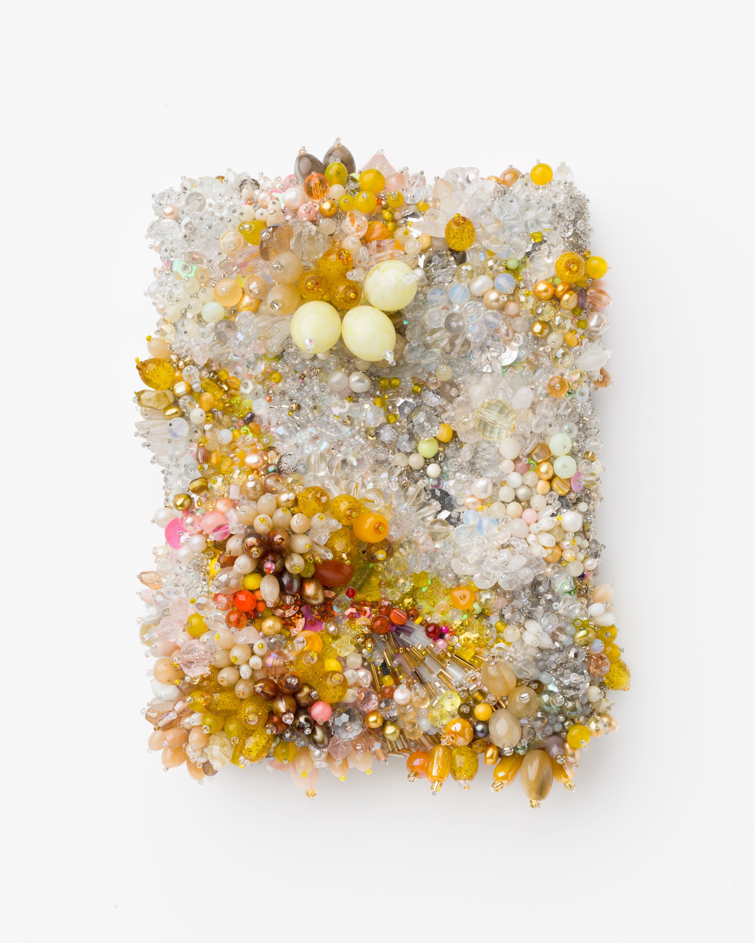   A moment eternal, no. 3 (golden hour, yellow, beige, grey and iridescent)    2020-2021   Beading of vintage and antique glass, plastic, pearls, swarovski crystal, quartz, rose quartz, coral,, agate, moonstone, mother-of-pearl, shell, carnelian, bra