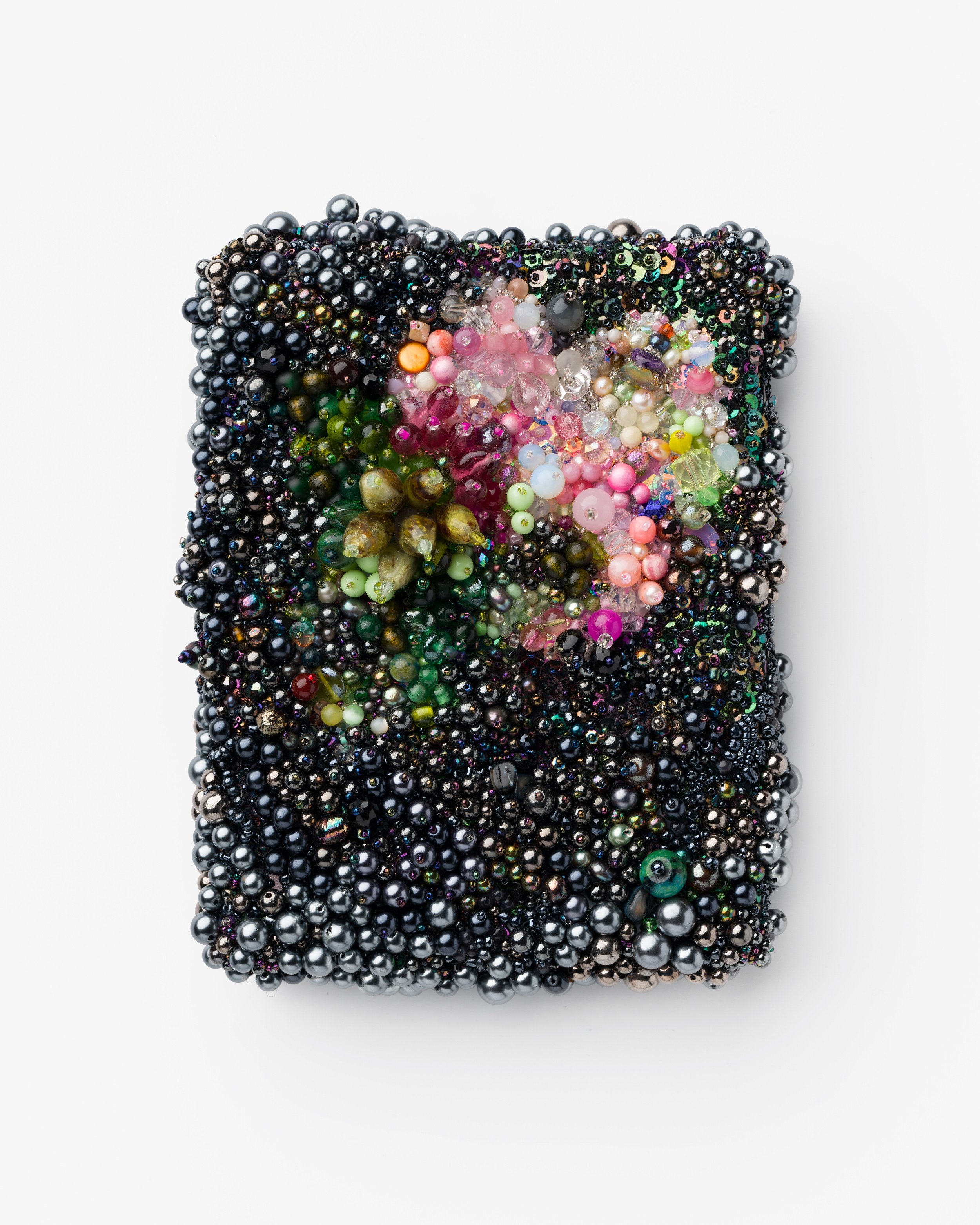   A moment eternal, no. 5 (pink, green, after midnight and before dawn)    2020-2021   Beading of vintage and antique glass, plastic, pearls, swarovski crystal, quartz, rose quartz, hematite, carnelian, watermelon tourmaline, coral, moss agate, bande