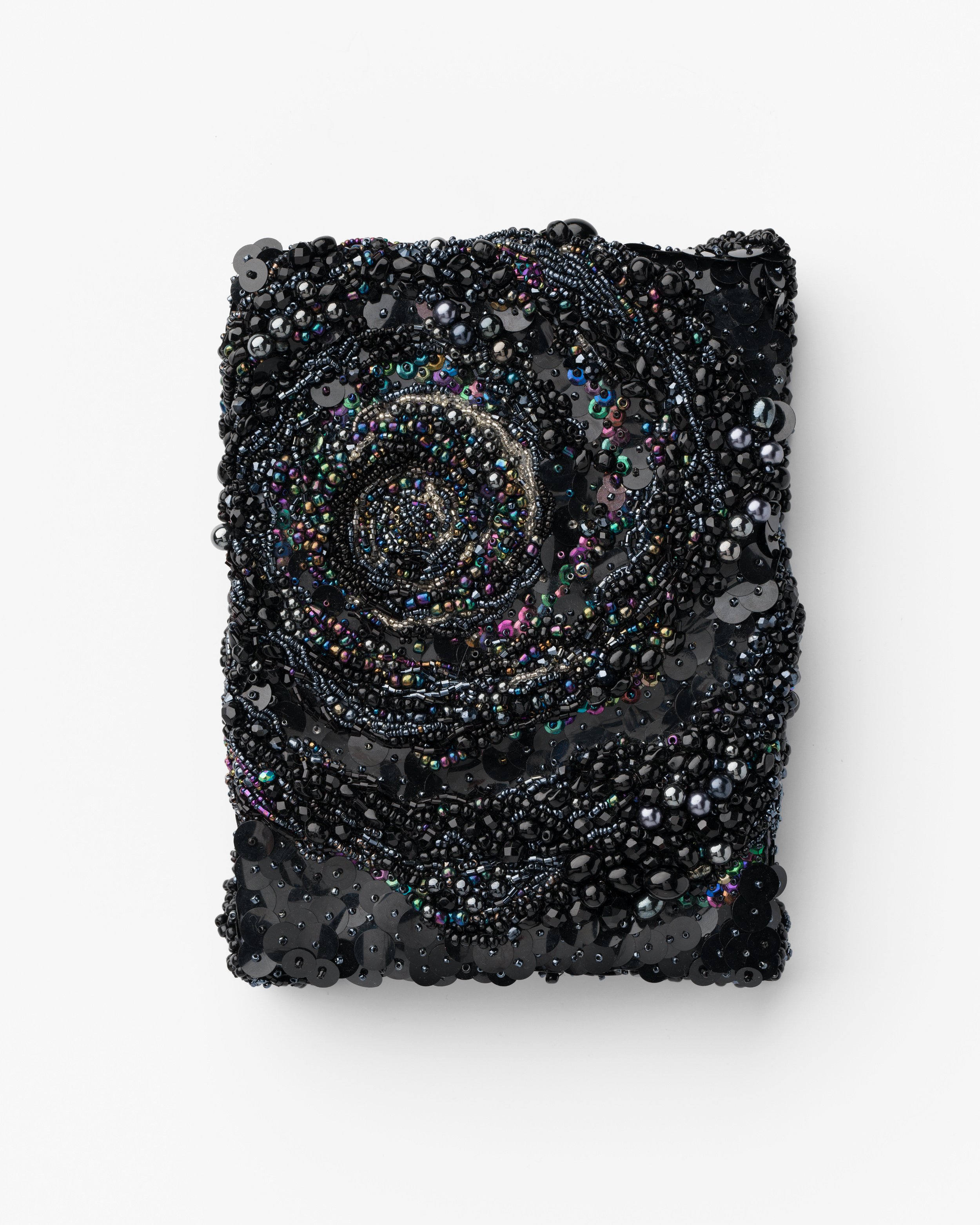   A moment eternal, no. 6 (black spiral)    2020-2021   Beading of vintage and antique glass, plastic, pearls, swarovski crystal, hematite, jet, polyester thread, on synthetic fabric over canvas  20cm x 16cm x 3cm  Photography by Matthew Stanton 
