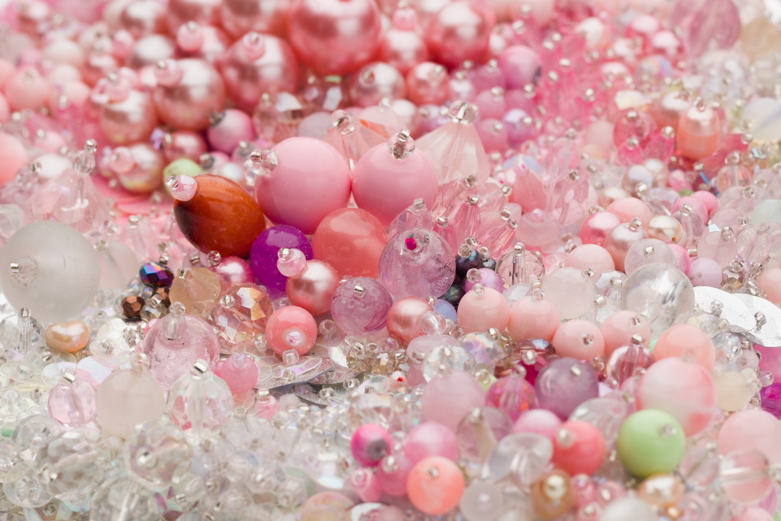   A moment eternal, no. 4   (pink bubble)  (detail)  2020-2021   Beading of vintage and antique glass, plastic, pearls, swarovski crystal, quartz, rose quartz, coral, agate, moonstone, mother-of-pearl, shell, carnelian,  polyester thread, on syntheti
