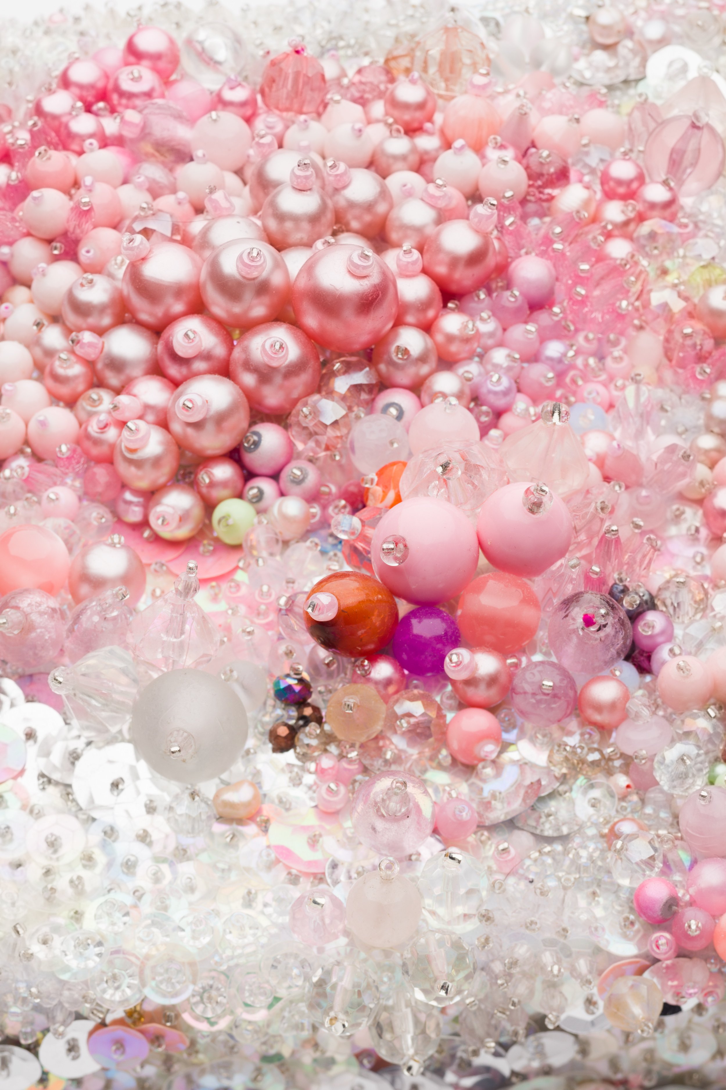   A moment eternal, no. 4   (pink bubble)  (detail)  2020-2021   Beading of vintage and antique glass, plastic, pearls, swarovski crystal, quartz, rose quartz, coral, agate, moonstone, mother-of-pearl, shell, carnelian,  polyester thread, on syntheti