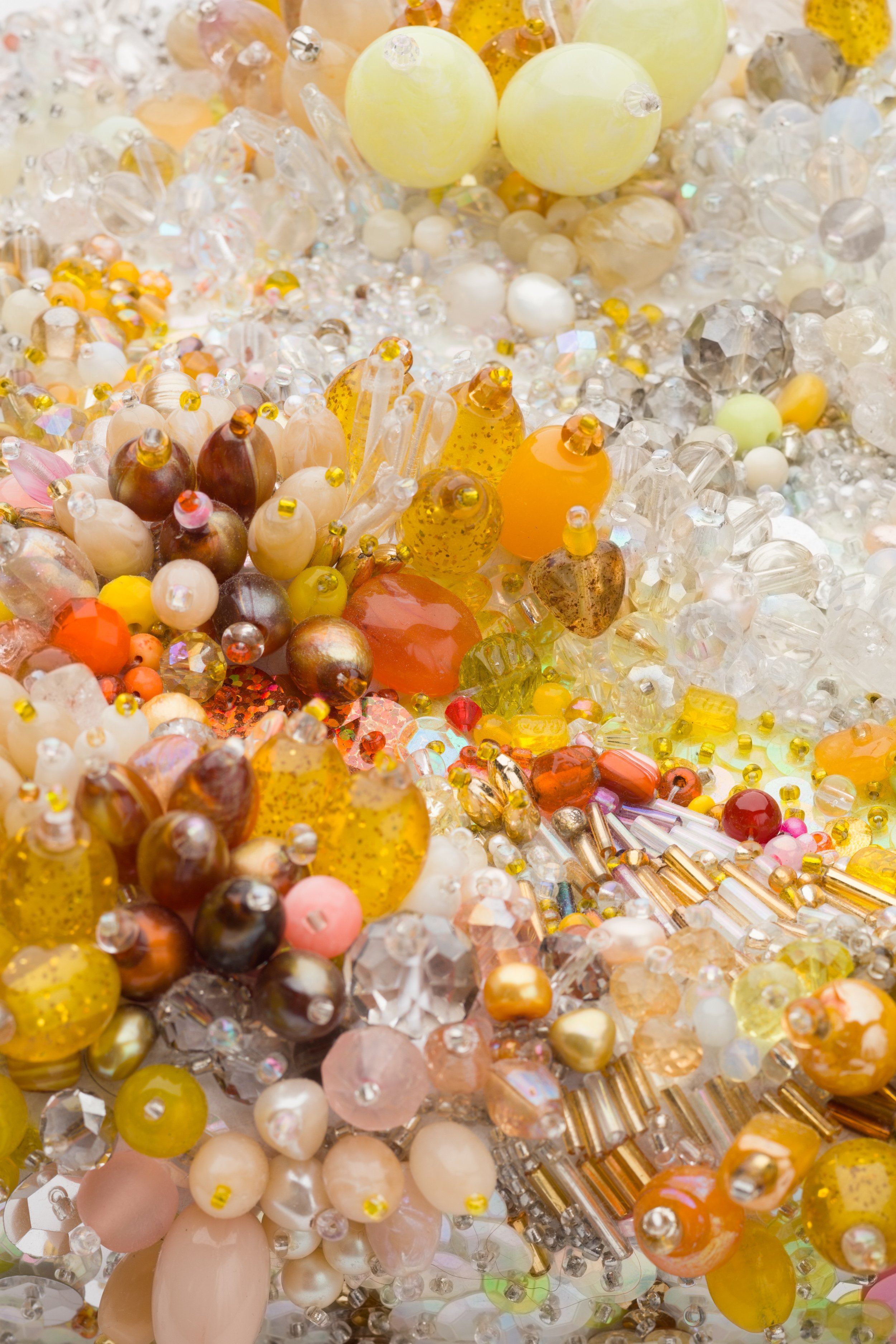   A moment eternal, no. 3 (golden hour, yellow, beige, grey and iridescent)  (detail)  2020-2021   Beading of vintage and antique glass, plastic, pearls, swarovski crystal, quartz, rose quartz, coral,, agate, moonstone, mother-of-pearl, shell, carnel