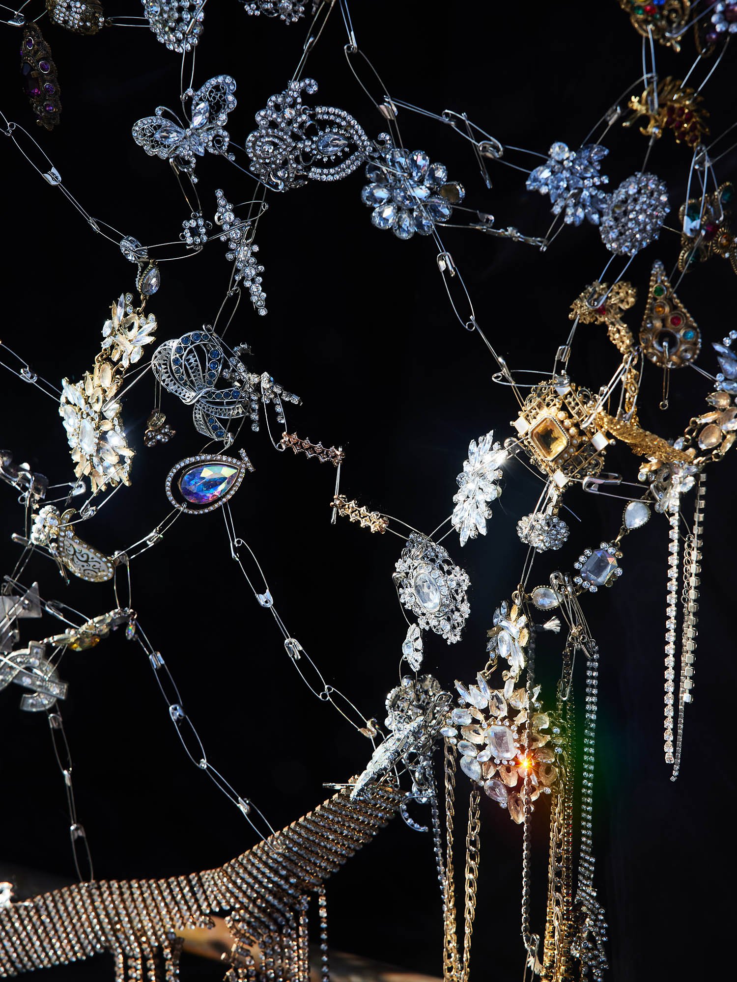   All the Treasure Together (Pins and Paint) , 2022 (detail)  Retired costume jewellery from the collection of Rose Chong Costume Shop (base metals, plastic, diamante, rhinestone and paste) found and donated antique, vintage, and new costume and fine