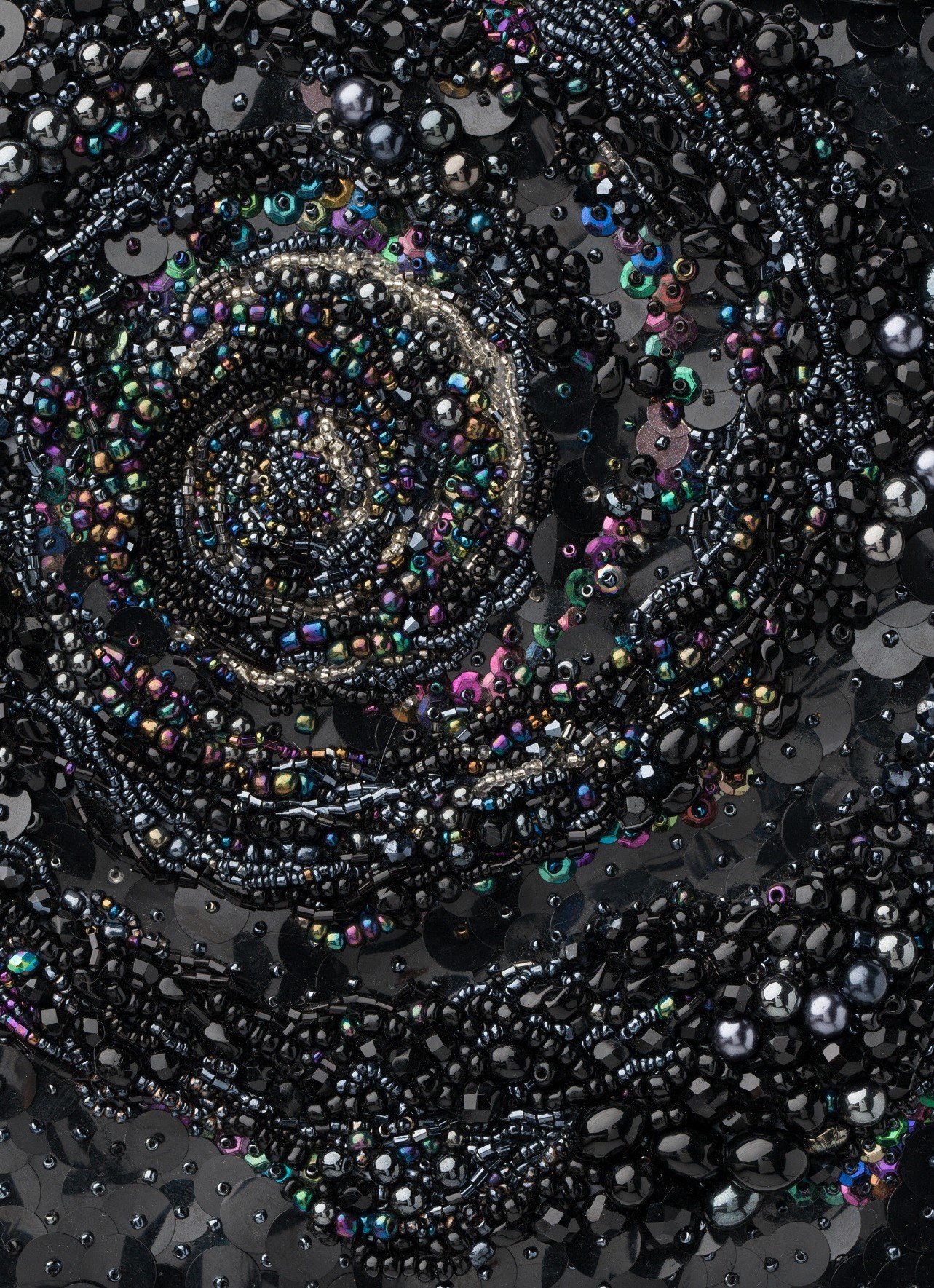   A moment eternal, no. 6 (black spiral)  (detail)  2020-2021   Beading of vintage and antique glass, plastic, pearls, swarovski crystal, hematite, jet, polyester thread, on synthetic fabric over canvas  20cm x 16cm x 3cm  Photography by Matthew Stan