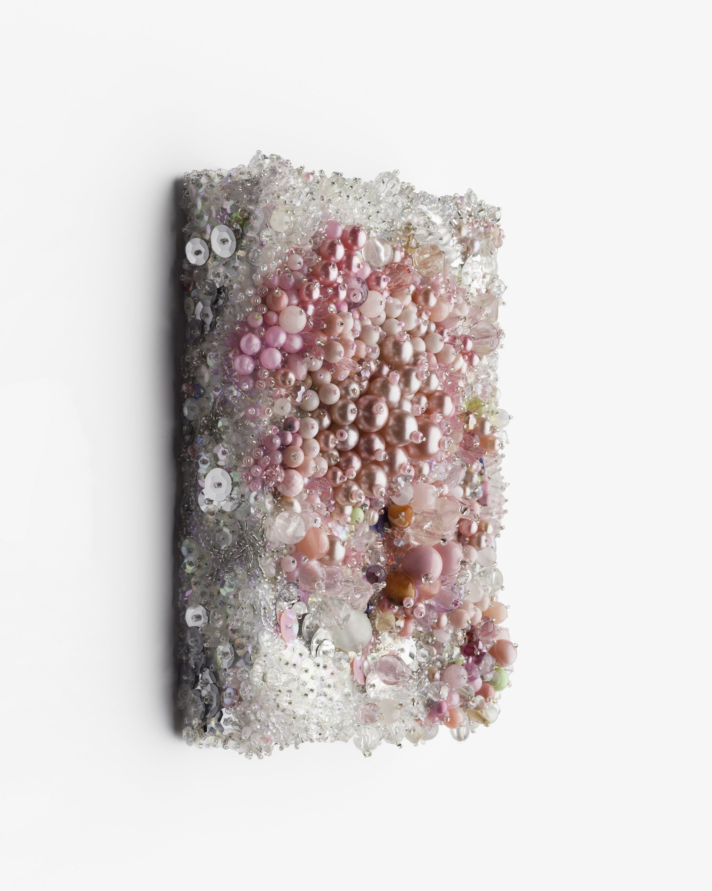   A moment eternal, no. 4 (pink bubble)  (side detail)  2020-2021   Beading of vintage and antique glass, plastic, pearls, swarovski crystal, quartz, rose quartz, coral, agate, moonstone, mother-of-pearl, shell, carnelian,  polyester thread, on synth