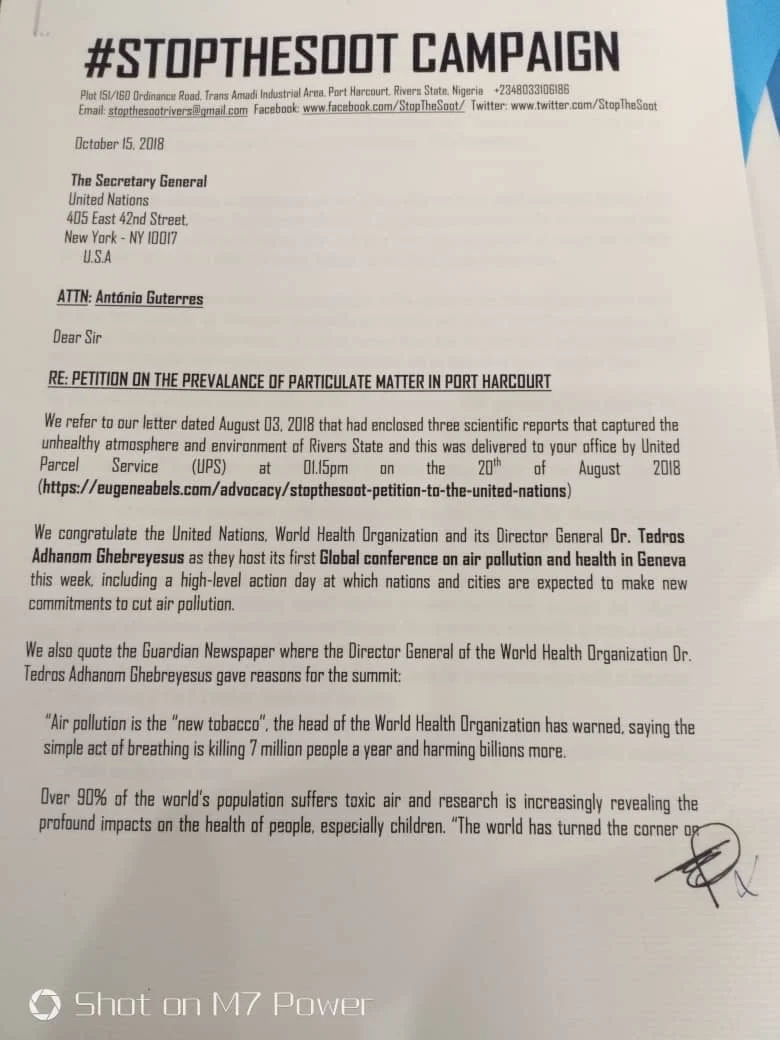 Re:Petition on the Prevalance of Particulate Matter in Port Harcourt