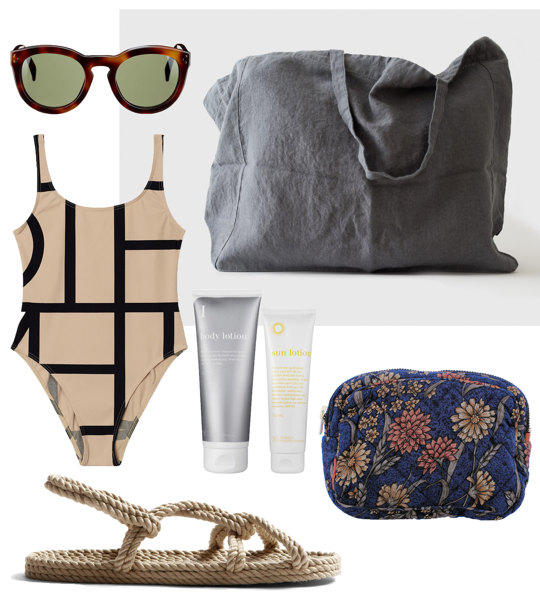 SHADES/ CÉLINE LINEN BAG/ THINGS LINE DAHY ERNST SWIMSUIT/ TOTÊME LOTION/ PURELY PROFESSIONAL CLUTCH/ ELLIES AND IVY SANDALS/ TOTÊME