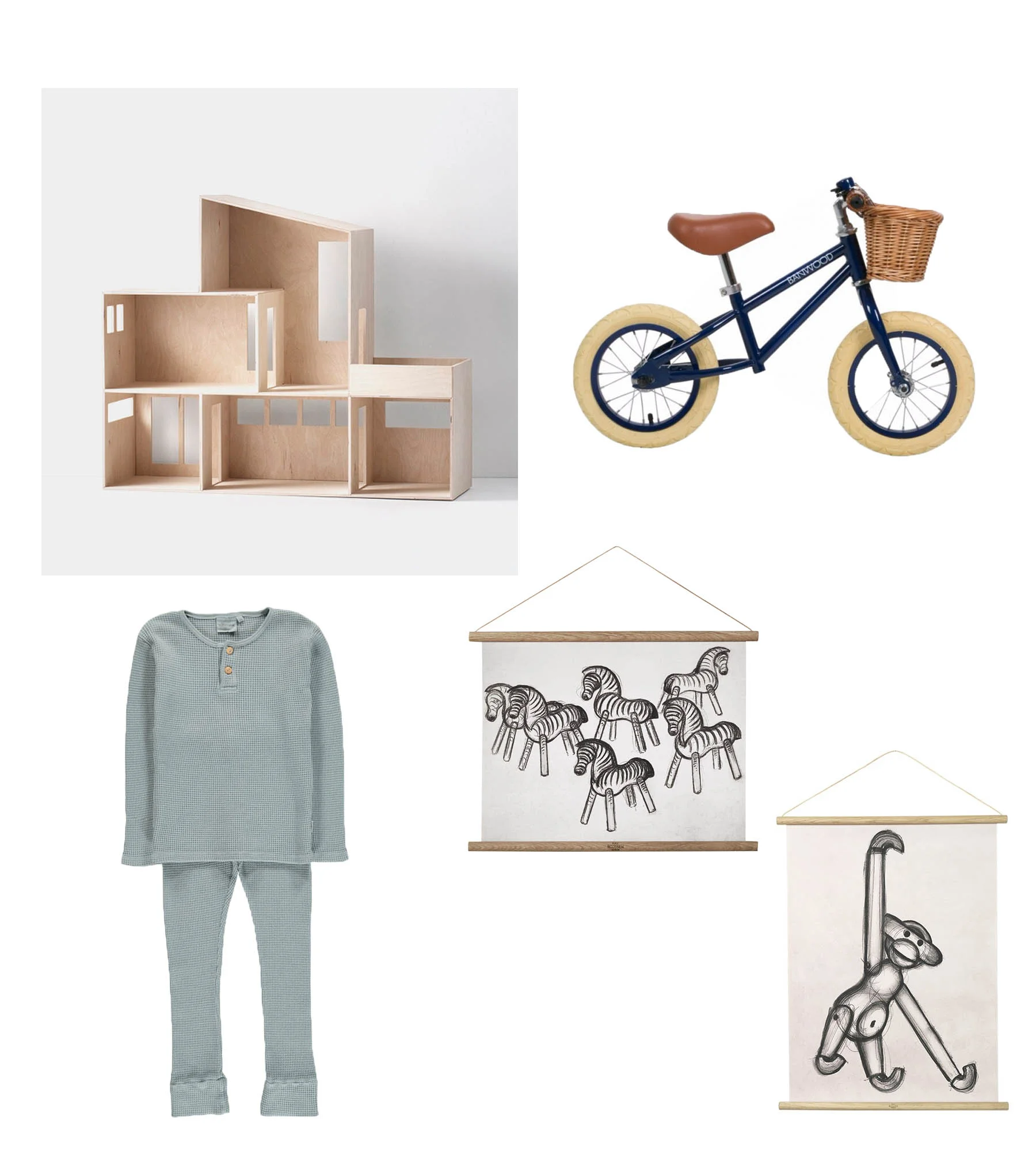 Miniature Funkis House// FERM LIVING Bike// BANWOOD Pyjama Set// MOUMOUT Posters// KAY BOJESEN