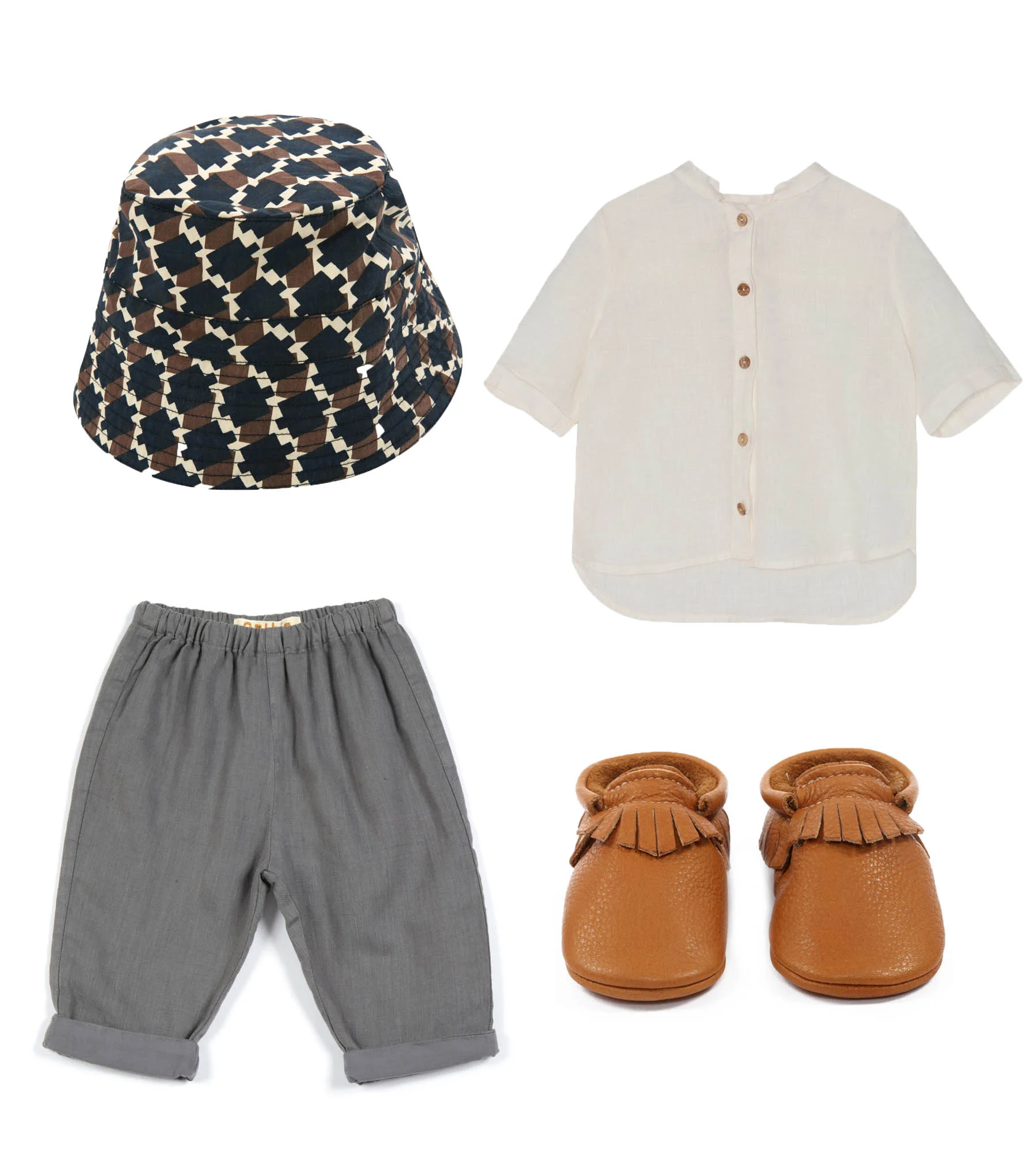 Hat/ CARAMEL Shirt/ YELLOWPELOTA Trousers/ OMIBIA Slippers/ AMY & IVOR