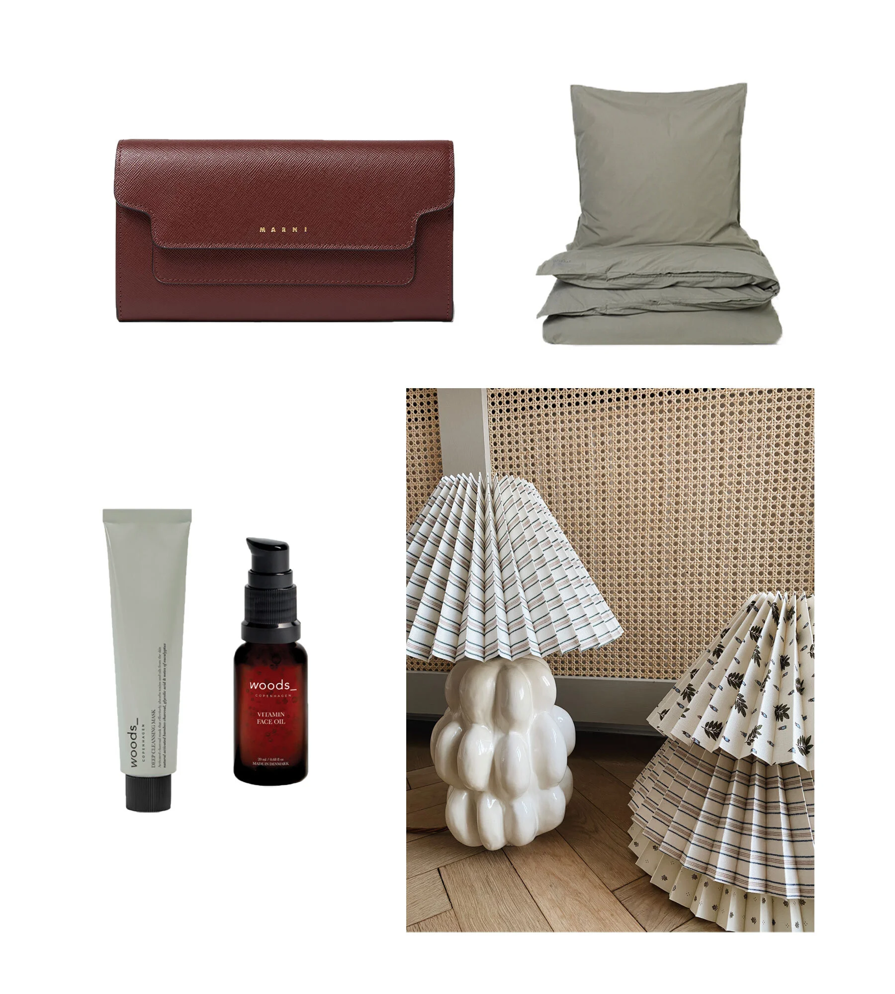 Wallet / MARNI Duvet cover / AIAYU Products / WOODS COPENHAGEN Lampshades / STUDIO BELLE-SOEUR