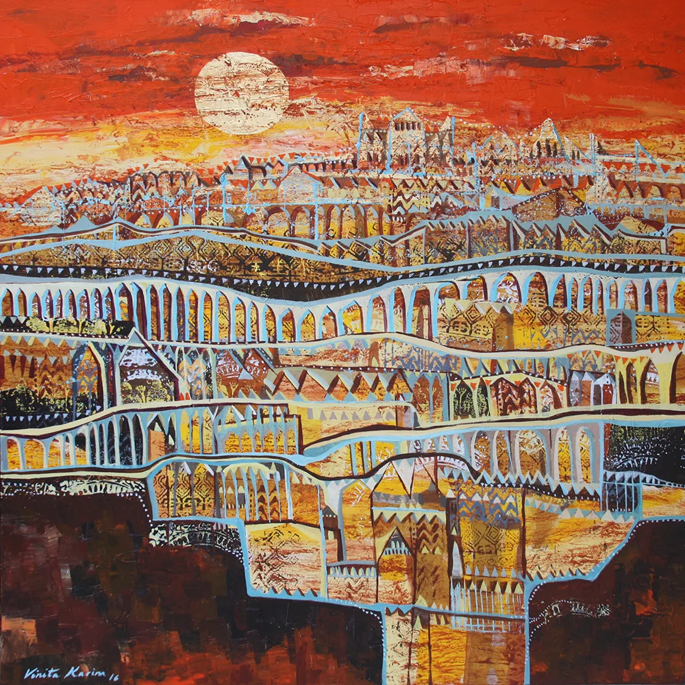 Autumn-drenched City,2016,s,48x48 in, Acrylic,gold and copper leaf on canvas.jpg