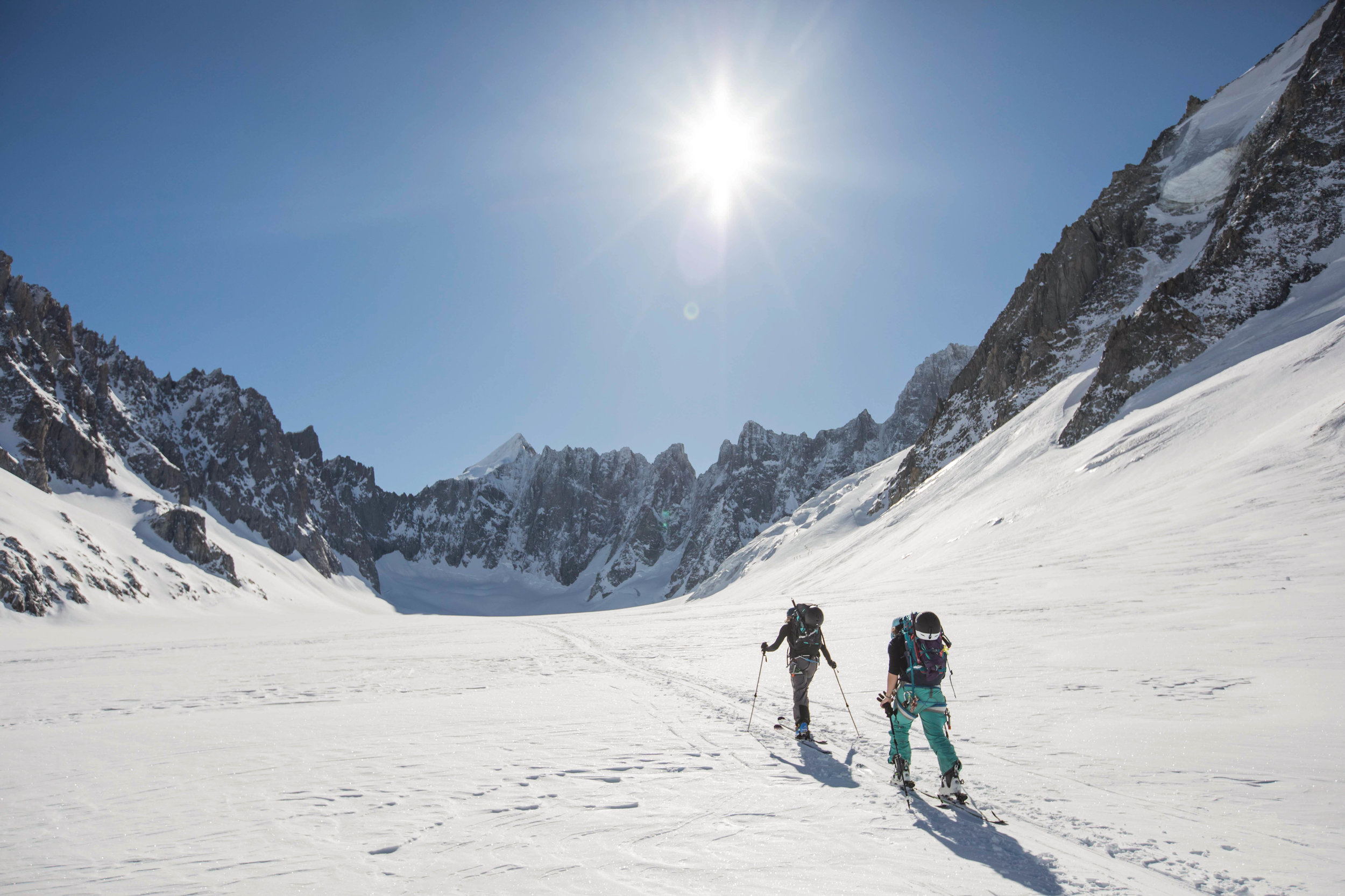 Anna and I traversing the Argentiere Basin in search of steep ski descents. Photo: Linus Meyer