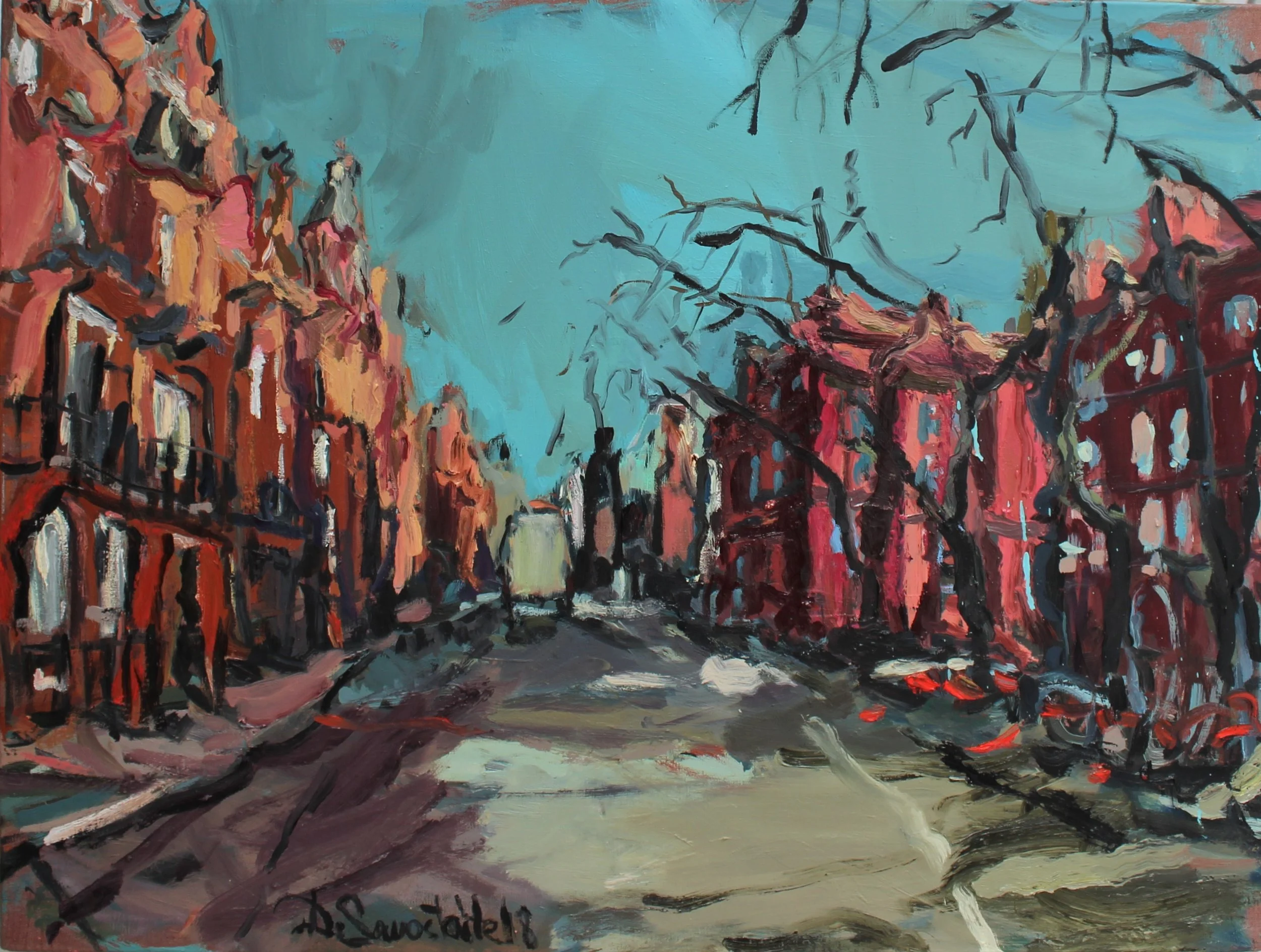 Diana Savostaite Art. Cityscape oil painting on canvas. Chelsea Street full of buildings. Original London street view.
