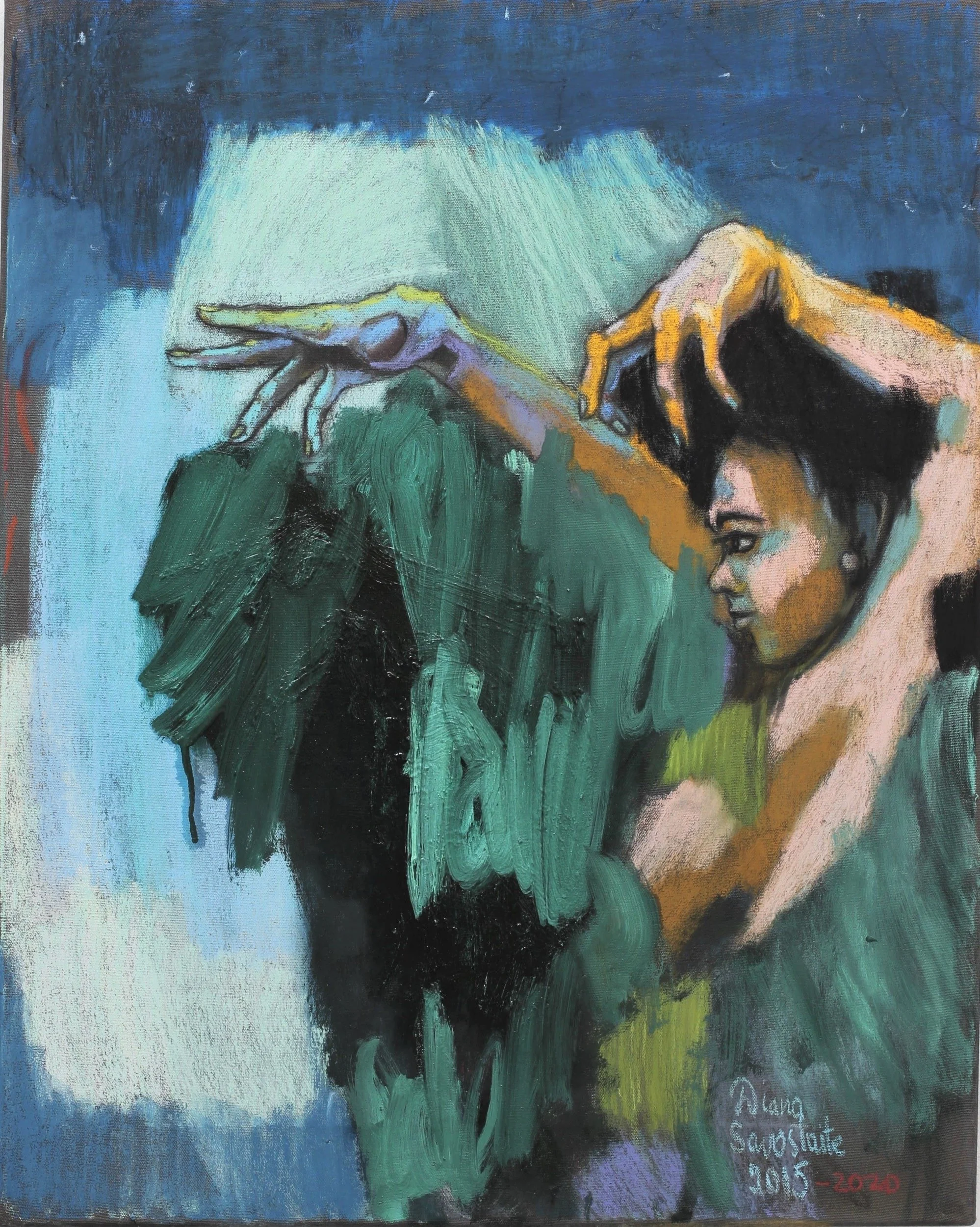 Oil painting and pastel drawing on canvas - Dance. The young dancing woman painted in abstract way.
