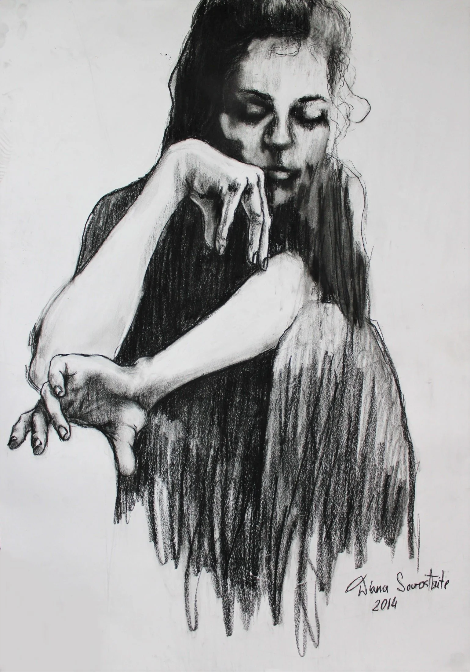Figurative portrait titled "Ieva" in black and white. Charcoal drawing