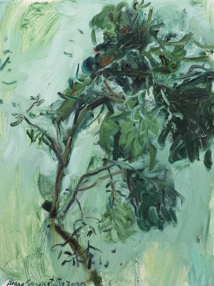 Diana Savostaite Art. A small picture of a branch found. The tree branch is painted in various shades of green.