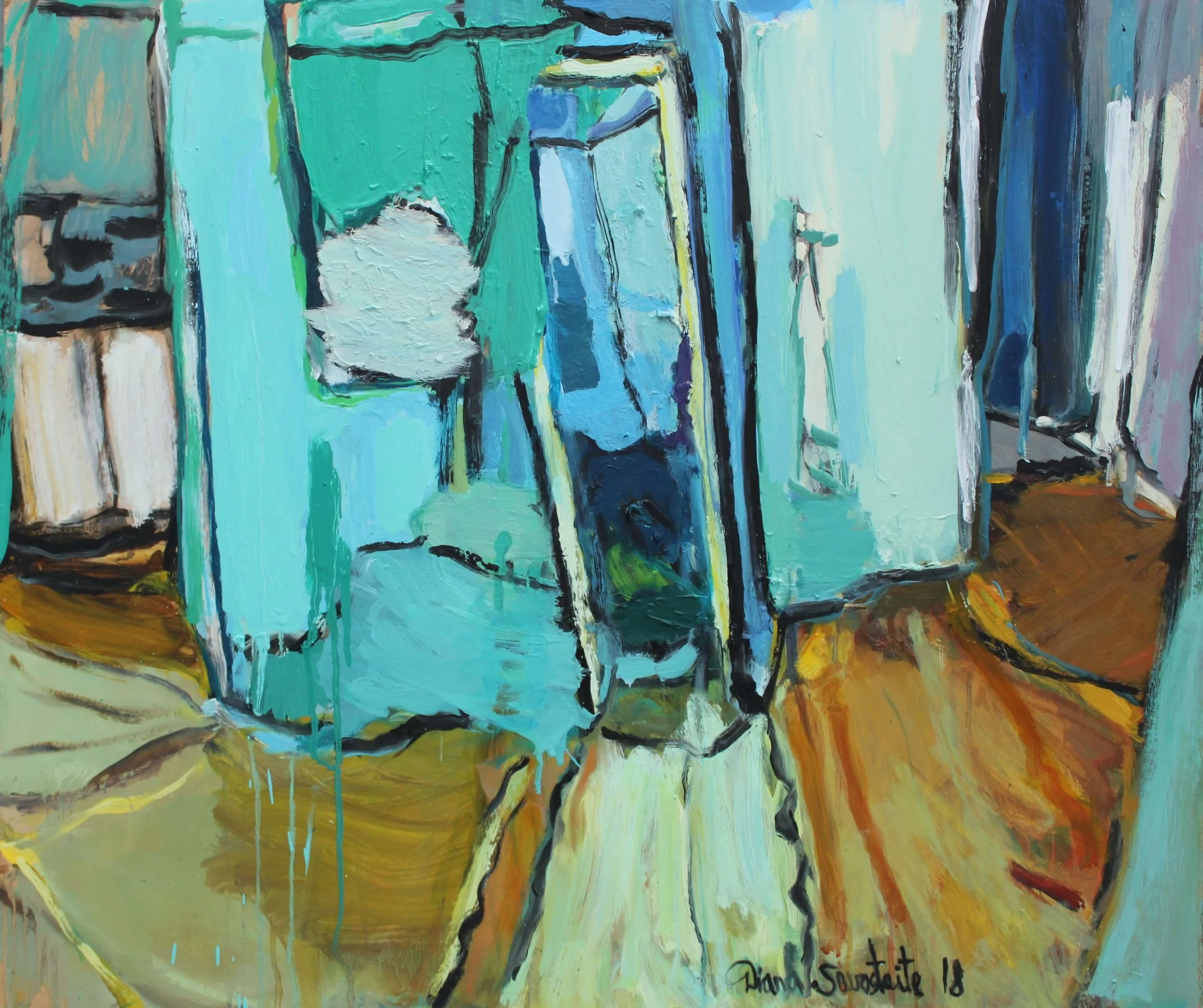 Diana Savostaite Art. Artwork depicts living room with two mirrors leaned onto each other and open doors into the kitchen and hallway.