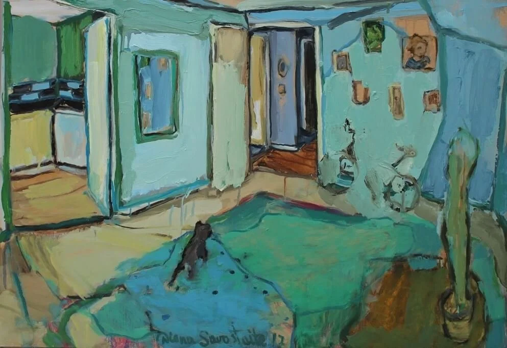 Diana Savostaite Art. It depicts empty living room with blue walls, mirror hanging on the wall, open doors and cat walking by.