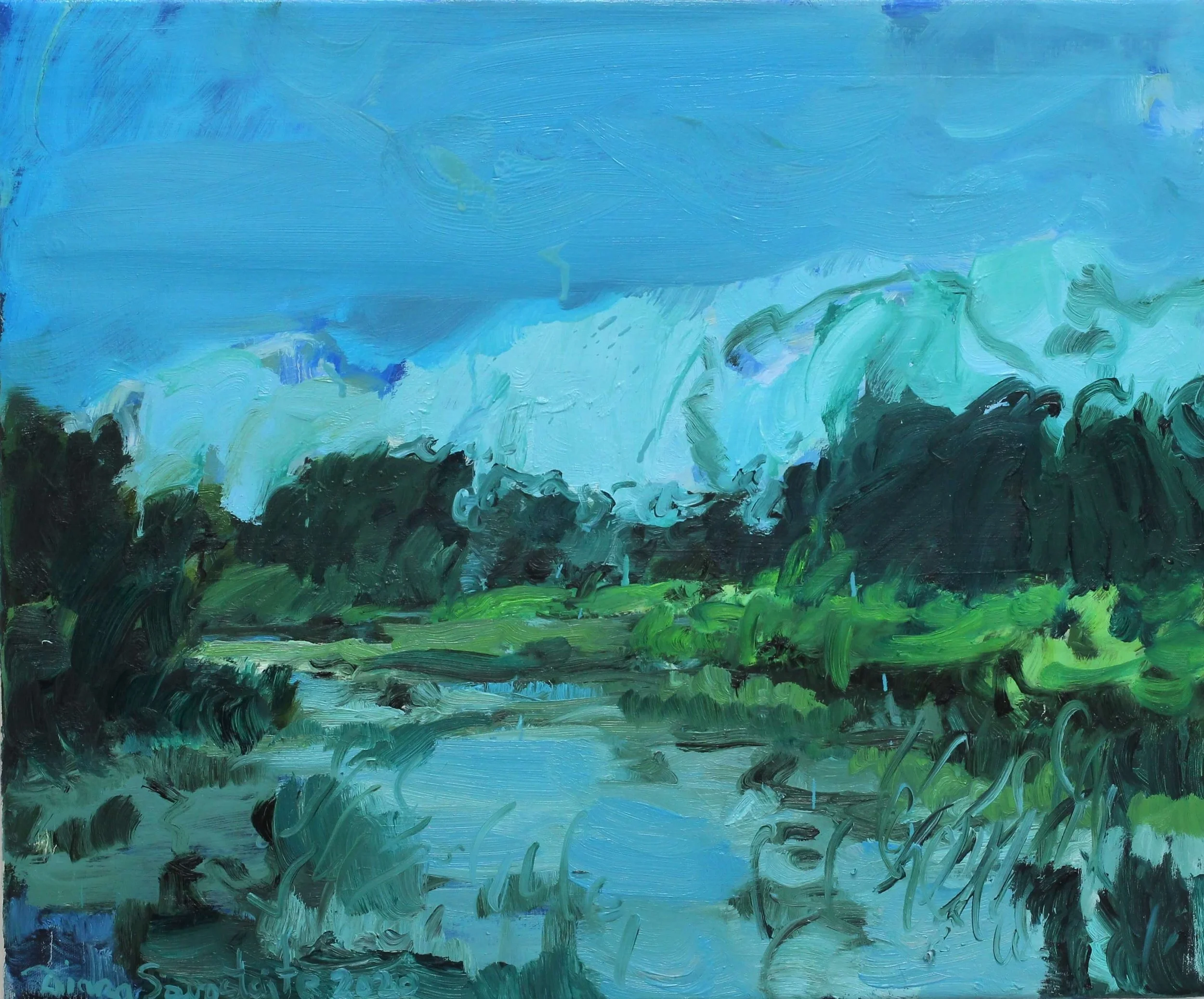 Diana Savostaite Art. Blue cloudy sky and tree reflections on the lake water. Landscape of the summer in it's peak