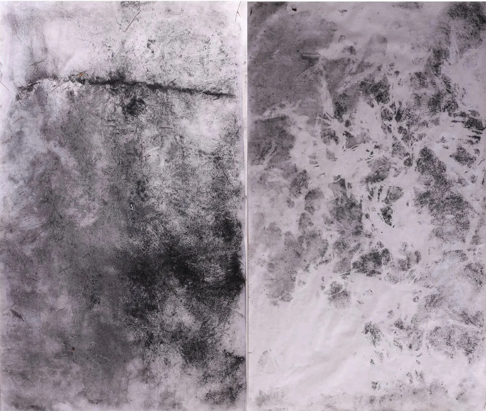 Emerging patterns, black and white pigment and graphite abstract drawing
