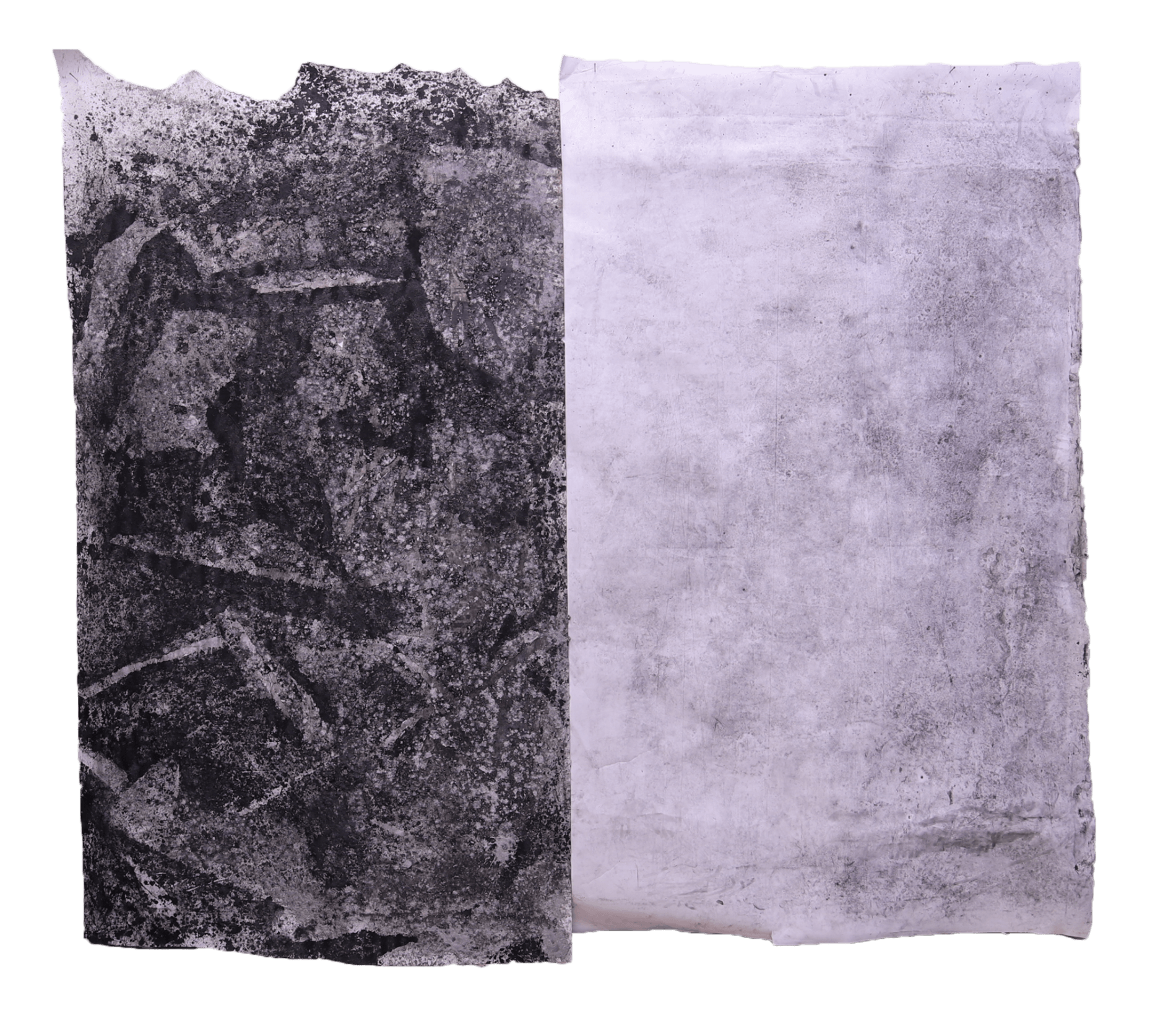 Unfolding patterns is very large two piece artwork on paper. Black and white pigments and tactile surface.