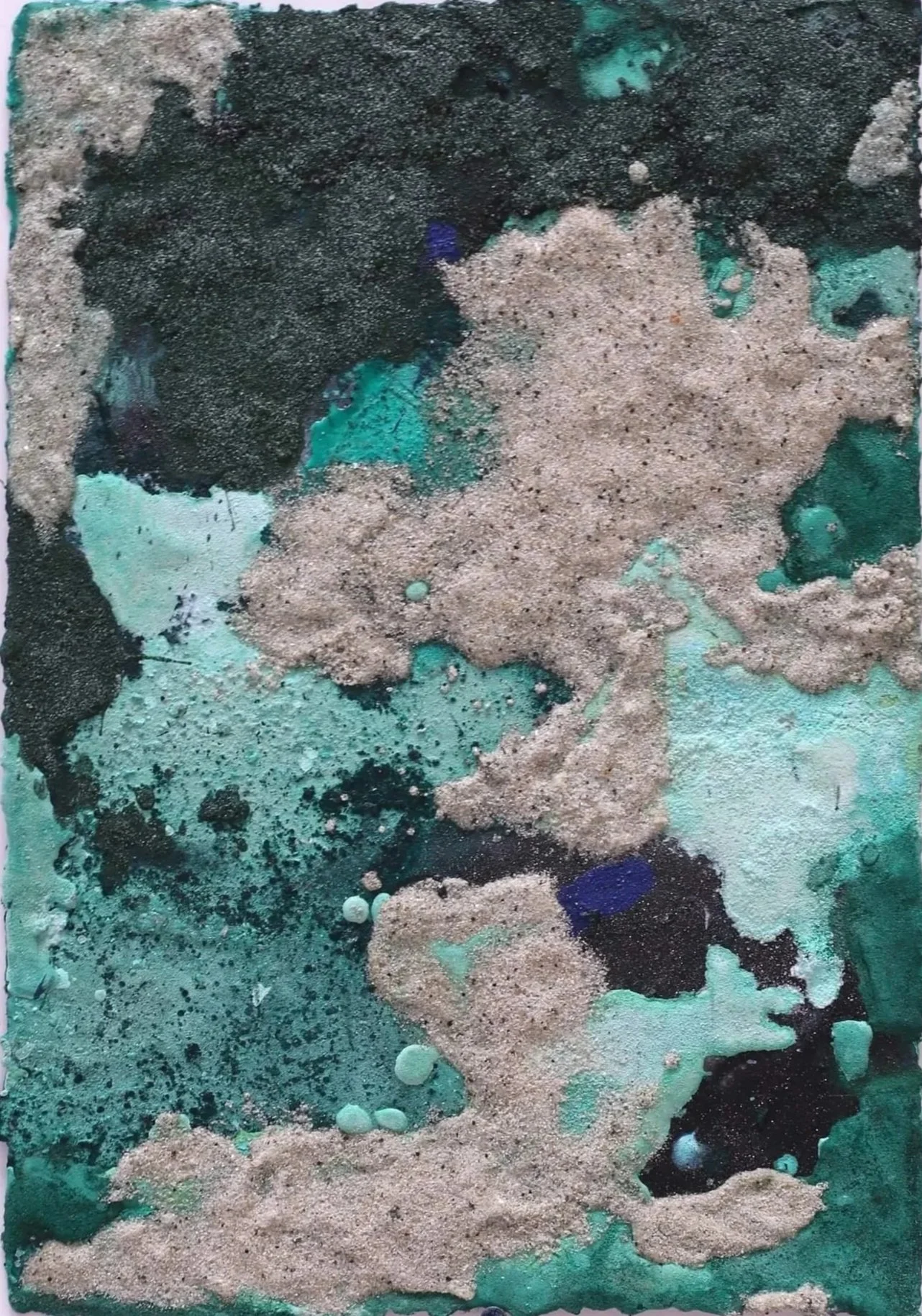 Abstract nature painting, textural surface, green shades and sand