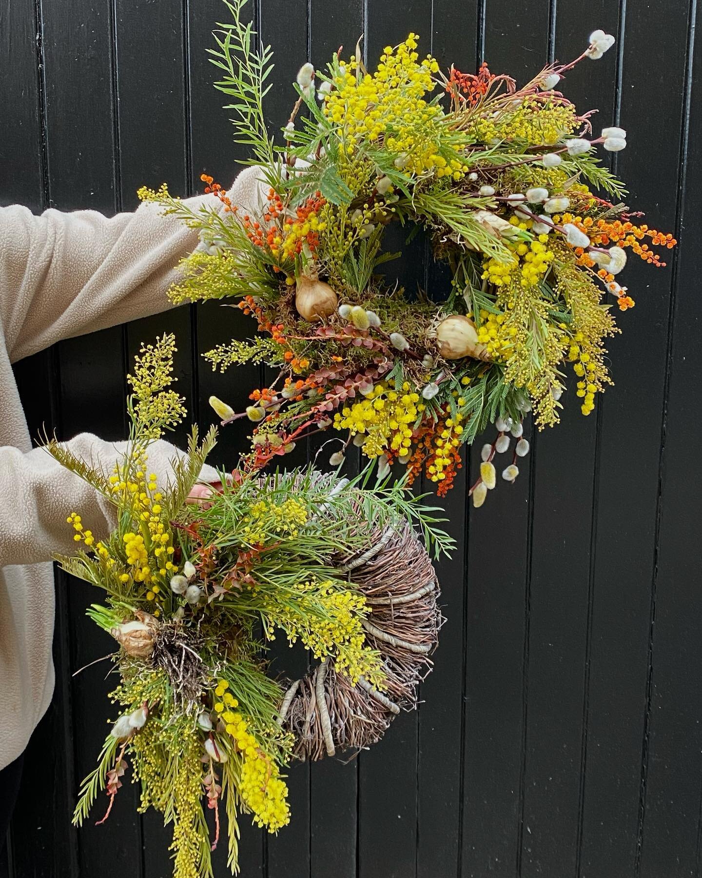 🌼 Who doesn&rsquo;t love a Spring door wreath?! 🌼 

Created using Mimosa, pussy-willow &amp; tete a tete bulbs, We have 4 in the shop ready to brighten up your door. (Longevity 6+weeks)
