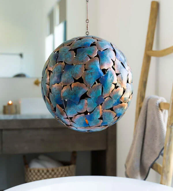 Viva Terra Recycled Metal Gingko Leaf Hanging Globe Latern