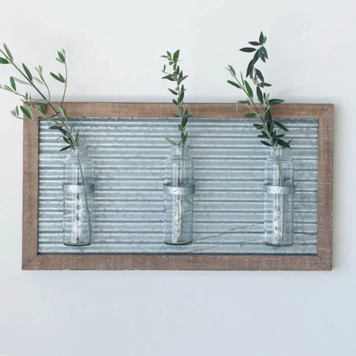 Antique Farm House Metal and Wood 3 Vase Wall Sconce