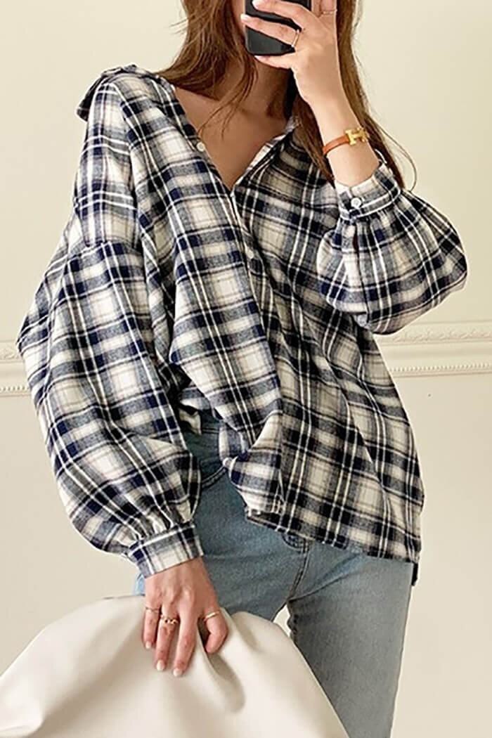 Women Casual Flannel Plaid Shirt Button Stand Collar Tops Blouse T-shirts Top D/ 