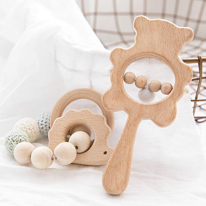 Natural Wooden Baby Teether Toys for Newborn Unisex Baby Wood Baby Rattle Organic Wood Montessori Styled Baby Rattle