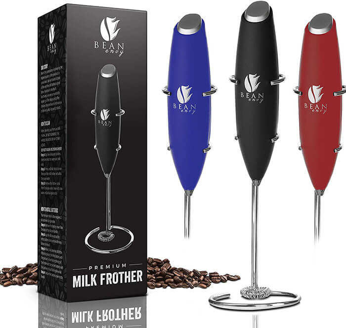  Bean Envy Handheld Milk Frother for Coffee - Electric Hand  Blender, Mini Drink Mixer Whisk & Coffee Foamer Wand w/Stand for Lattes,  Matcha and Hot Chocolate - Kitchen Gifts - Black