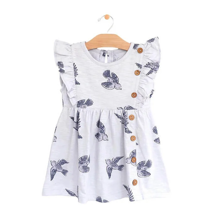 Bluebirds Side Flutter Button Summer Dress