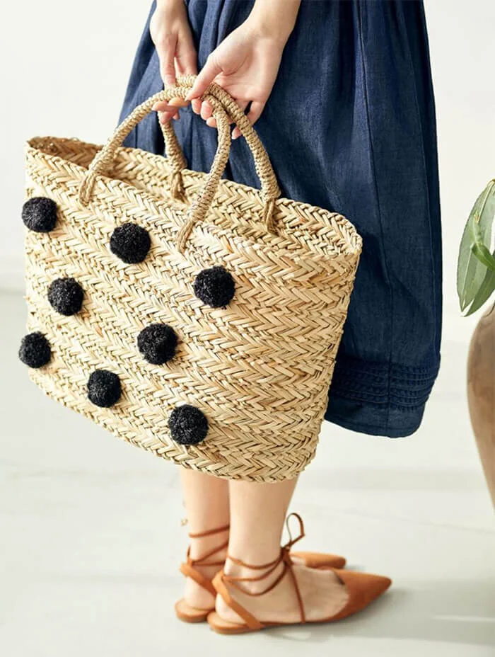 Erice Eco Straw Pom Pom Tote Bag