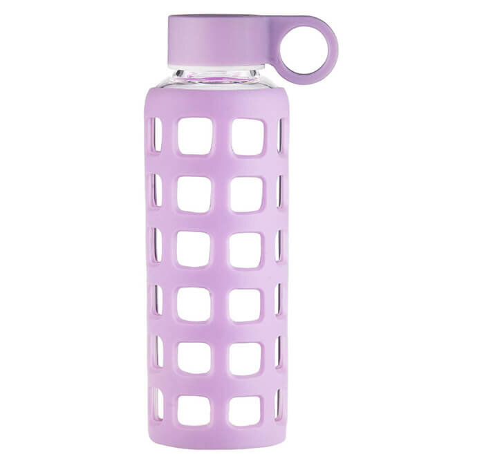 18 Oz, Purple 18oz Borosilicate Glass Water Bottles with Bamboo Lid veegoal 25oz and Bonus Stainless Steel Leak Proof Lid- Reusable Water Bottles for Women and Men BPA-Free Non-Slip Silicone Sleeve 