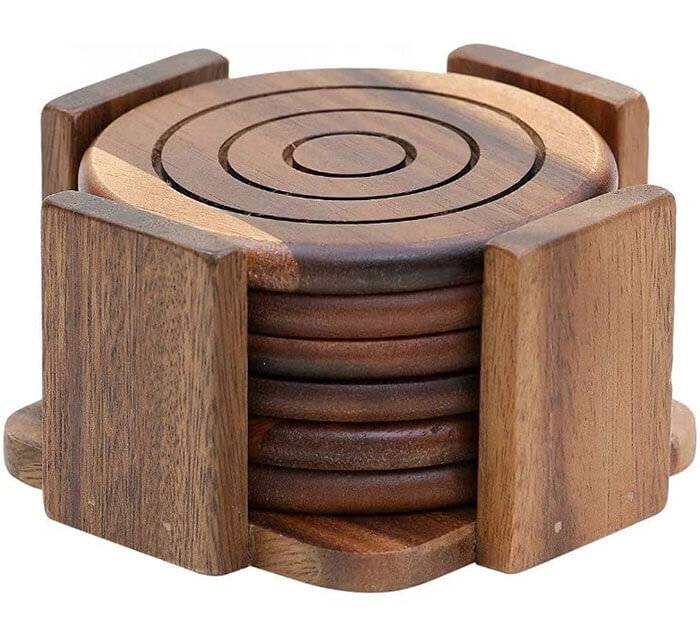 Acacia Wood Coasters for Drinks with Iron Holder Stand Set of 4, Wooden  Coasters