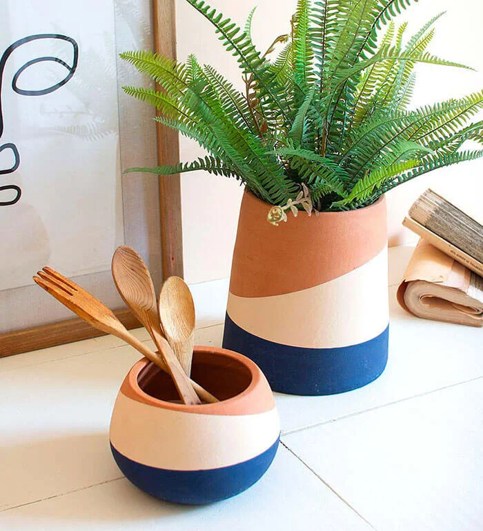 Painted Stripe Pots Home Decor