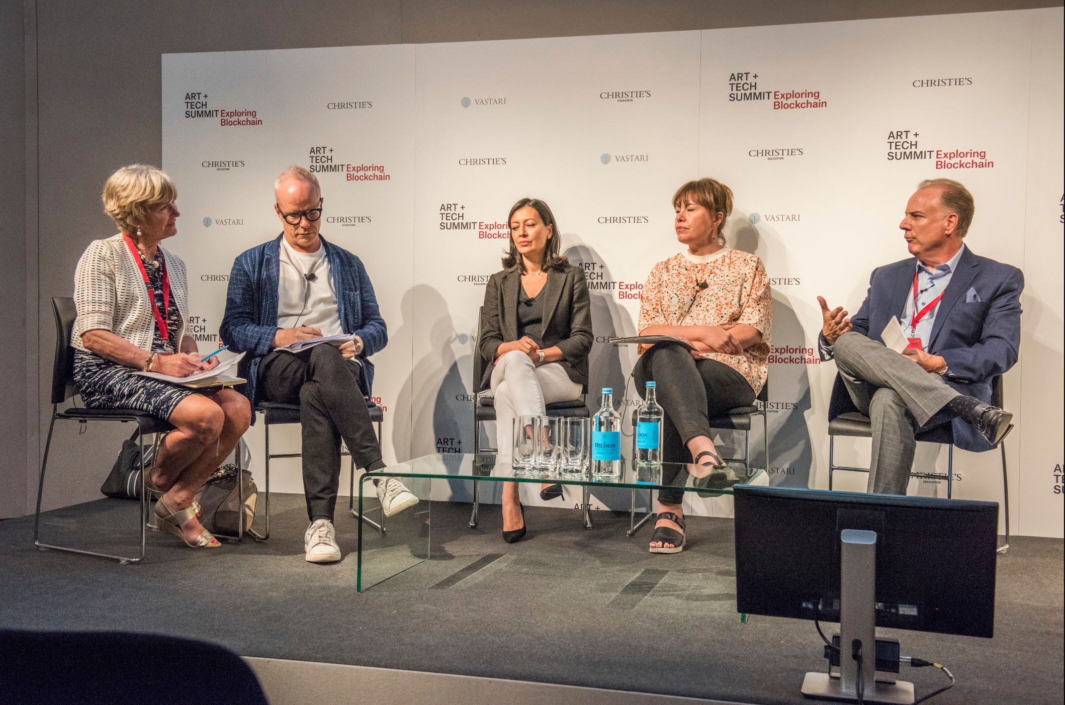 Panel Discussion: Key Take-aways & Reflections – Art Market at Christie's Art + Tech Summit in London. From left to right: Georgina Adam, Financial Times and The Art Newspaper - Hans Ulrich Obrist, Serpentine - Sylvie Gleises, AXA Art - Kati Price, Victoria & Albert Museum - Richard Entrup, Christie’s