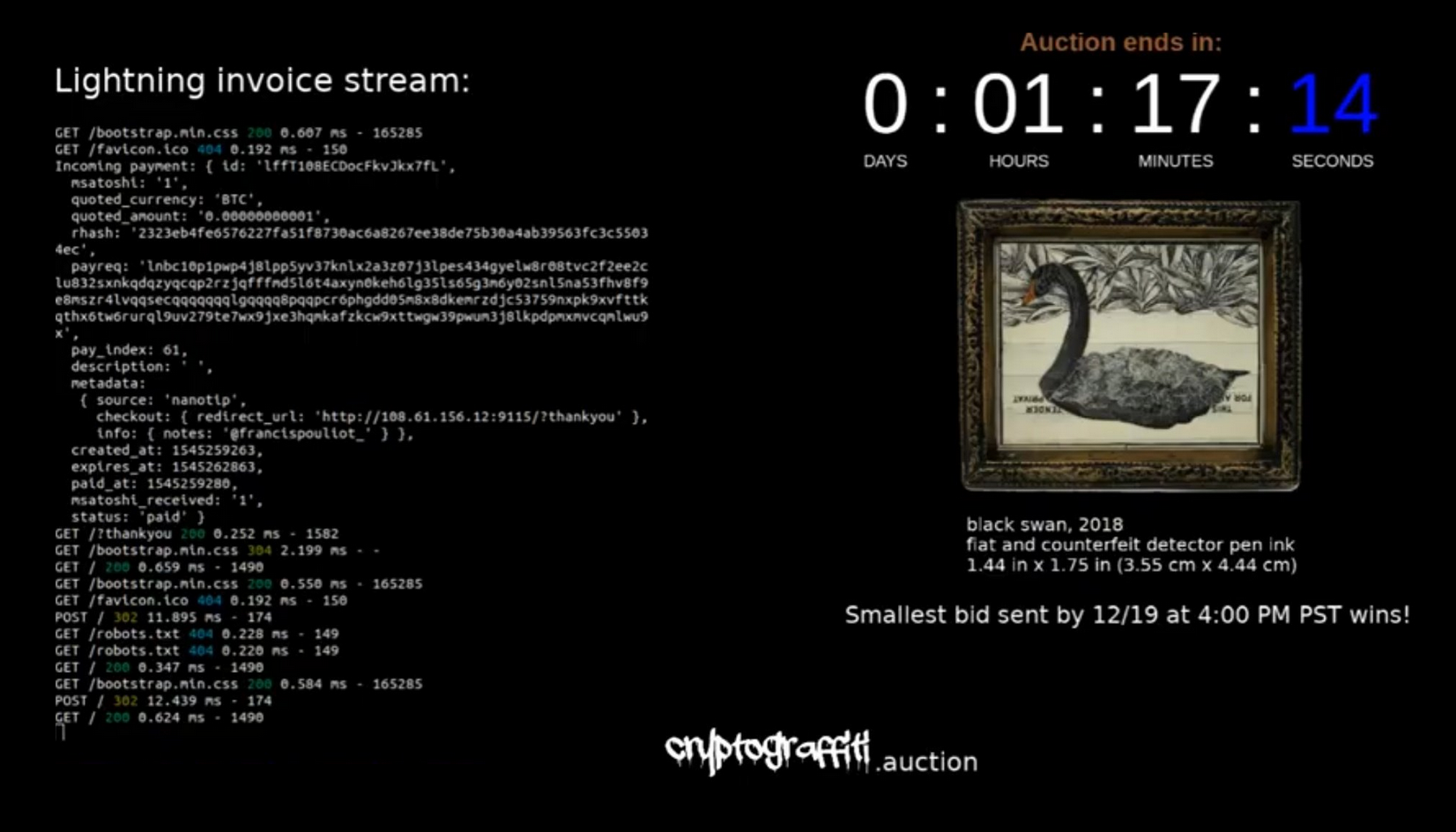 Cryptograffiti’s Black Swan selling at auction for $0.000000037