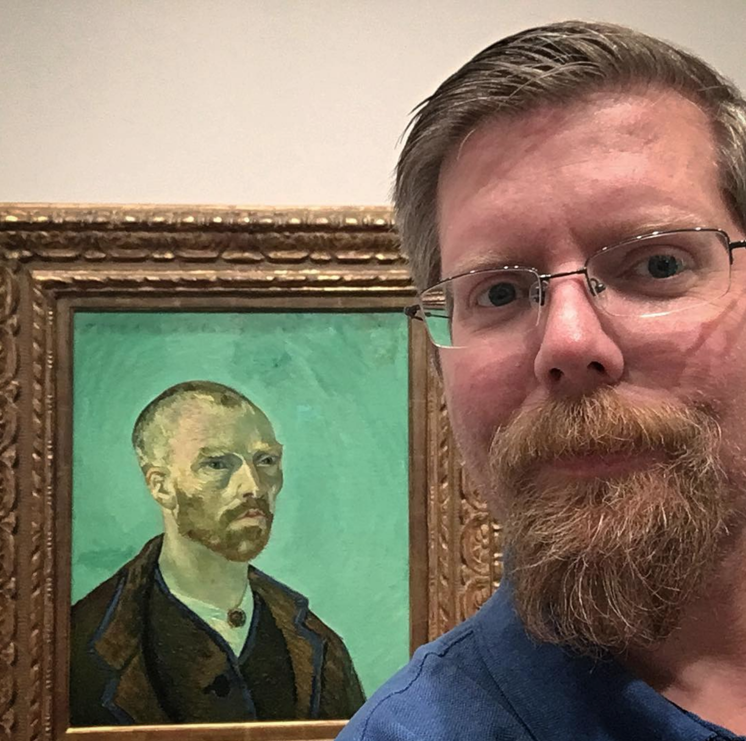 Selfie with Van Gogh’s 1888 Self-Portrait Dedicated to Paul Gauguin (on a research visit to Harvard Art Museum)