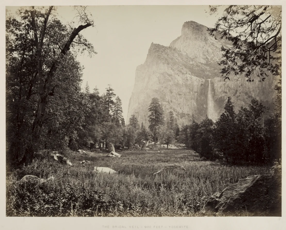 Carleton E. Watkins (American, 1829-1916). Bridal Veil, Yosemite . c. 1865-1866. Albumen print from wet collodion negative. Image: 40.1 x 52.4 cm (15 13/16 x 20 5/8 in.); Matted: 61 x 76.2 cm (24 x 30 in.). The Cleveland Museum of Art. Andrew R. and Martha Holden Jennings Fund. 1992.12. http://www.clevelandart.org/art/1992.12
