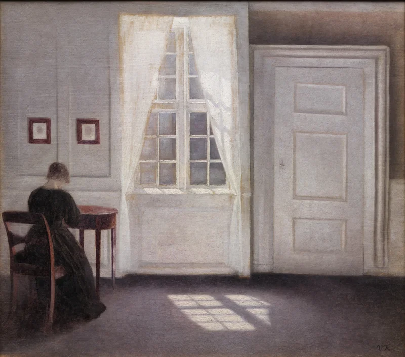 Vilhelm Hammershøi (Danish, 1864-05-15 - 1916-02-13). Interior in Strandgade, Sunlight on the Floor . 1901. Oil on canvas. 46.5 x 52 cm. The National Gallery of Denmark. The Royal Collection of Paintings and Sculptures. KMS3696. https://www.smk.dk/en/highlight/stue-i-strandgade-med-solskin-paa-gulvet-1901/