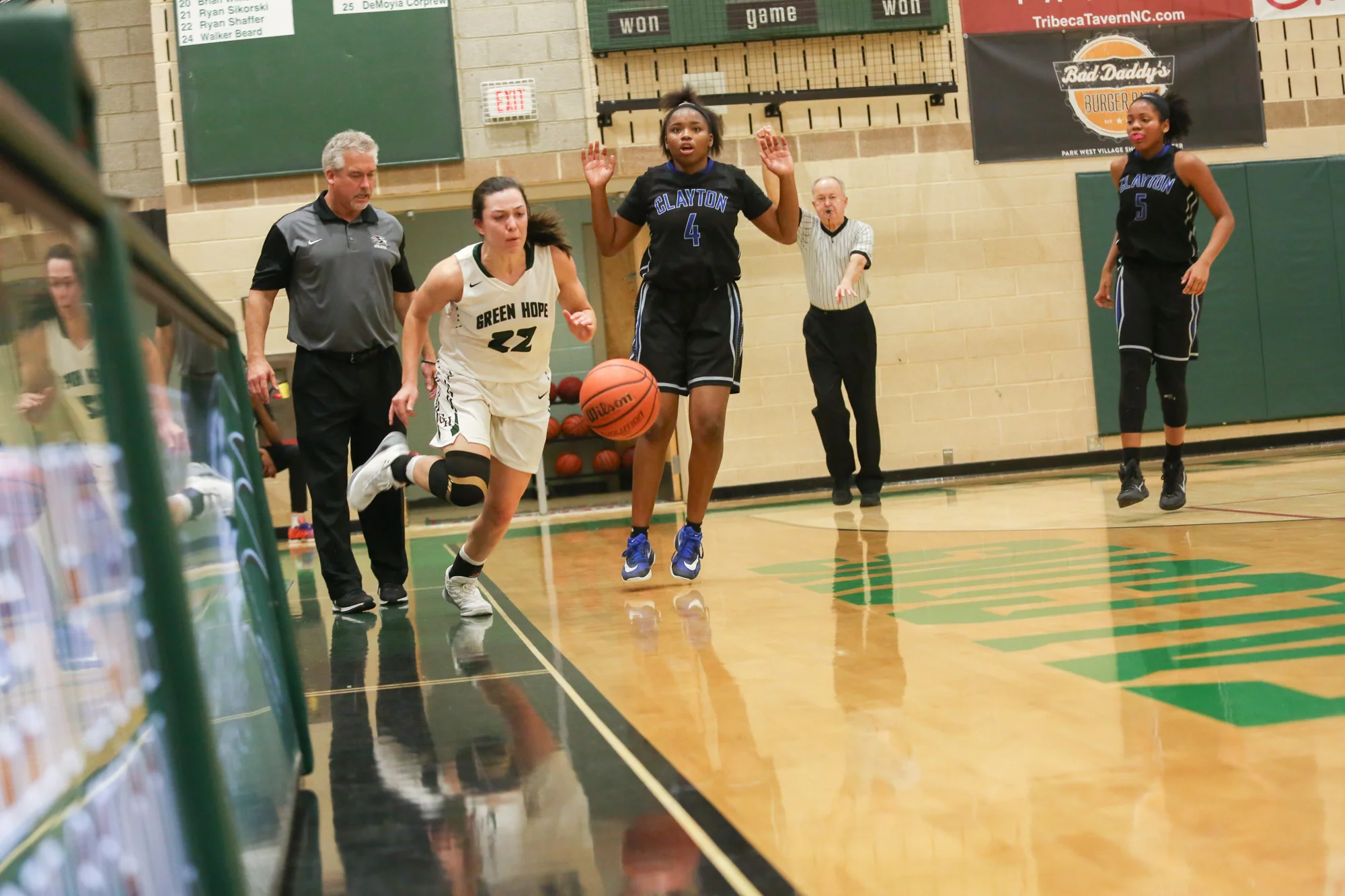 Clayton's No.4 player freezes at a moment worrying about the foul pushing Green Hope's Kelly Fetzgerald and the ball out of bounds during the second half of game on Feb.22, 2017. Green Hope won, 58-35.