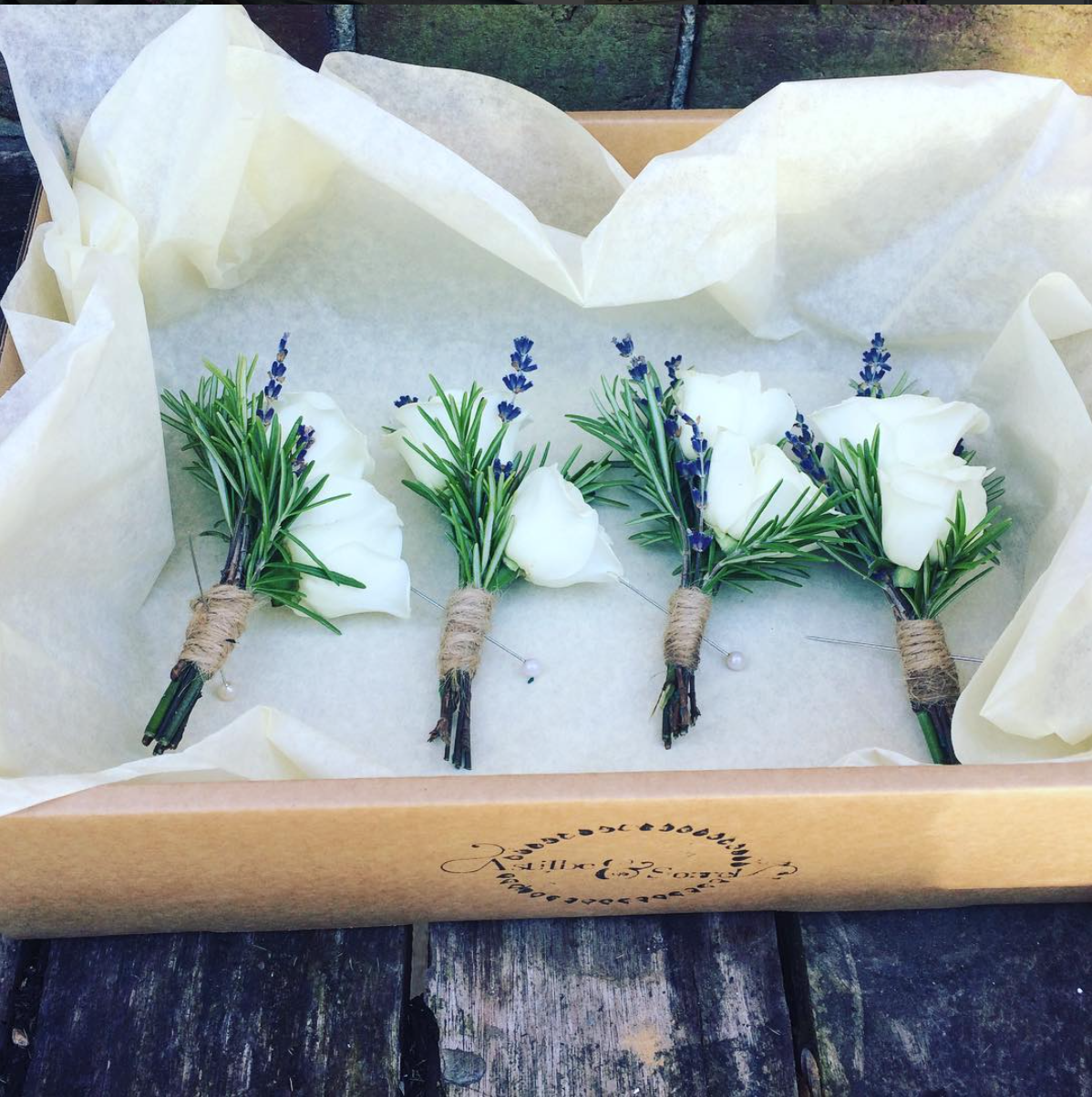 Lavender, Rosemary and White Rose Buttonholes