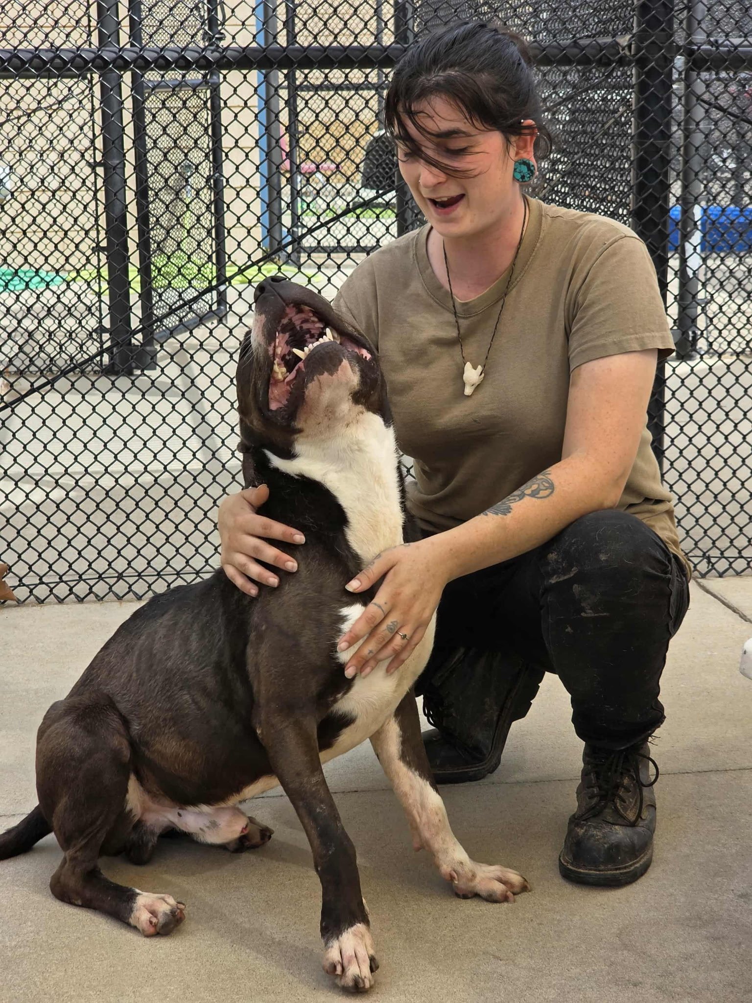 A woman with short dark hair, tattoos, wearing a tan t-shirt and black pants, is kneeling and holding a large black and white dog that is sitting on the ground. The dog is playfully barking with its mouth wide open, showing teeth. They are in a fenced outdoor area with a concrete floor.
