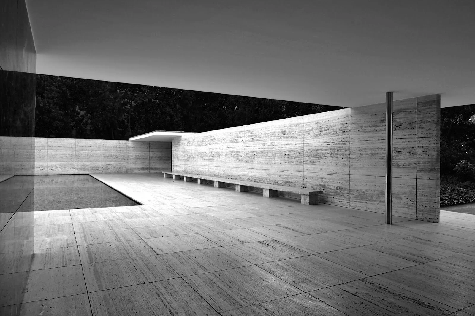 Ludwig Mies van der Rohe, Barcelona Pavilion, Barcelona. The minimal interplay of columns, walls and roof planes create an almost delicate composition, each material thoughtfully considered. It feels like one part museum, one part ancient temple - a place of reflection and contemplation.